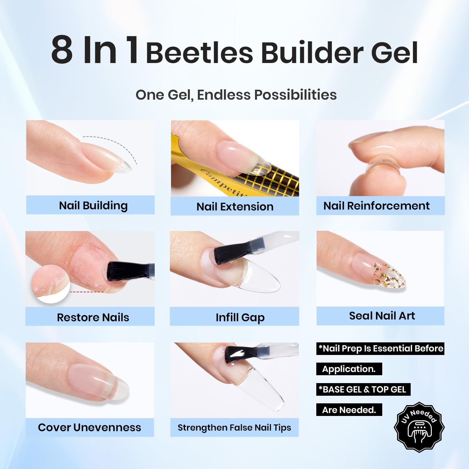 Beetles Builder Gel for Nails 0.51 OZ 8 in 1 Clear Nail Builder Strengthener Gel Enhancement Nail Gel Building Nail Apex for Beginners & DIY Salon Manicure