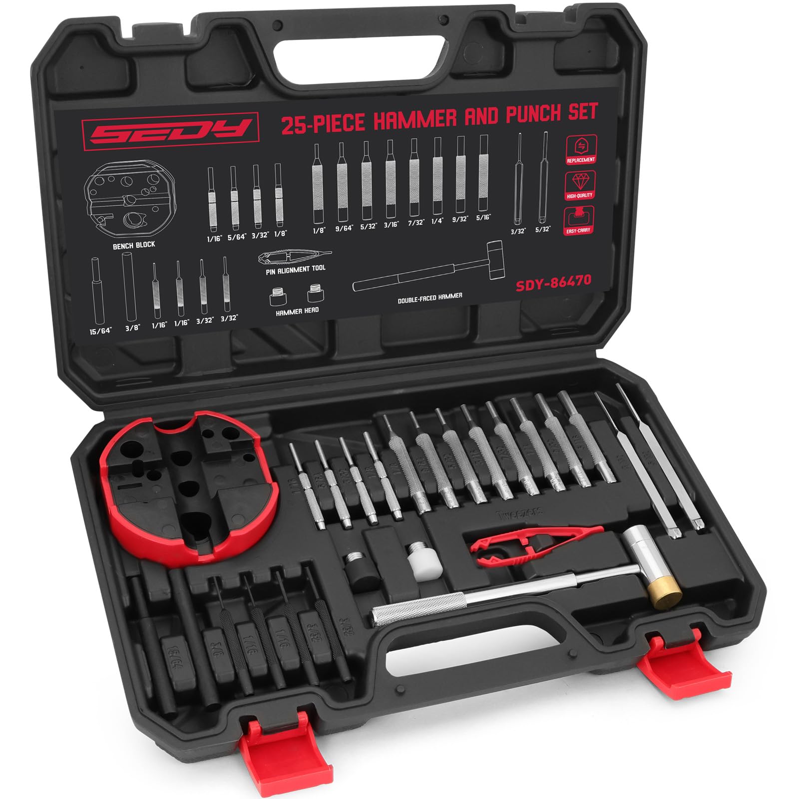 Premium Pin Punch Hammer Set: 25-Piece Punch Set and Hammer with Bench Block, Steel Roll Pin Punch Set, Pin Punches with Replaceable Face Hammer, Mechanical Repair Tool for Maintenance