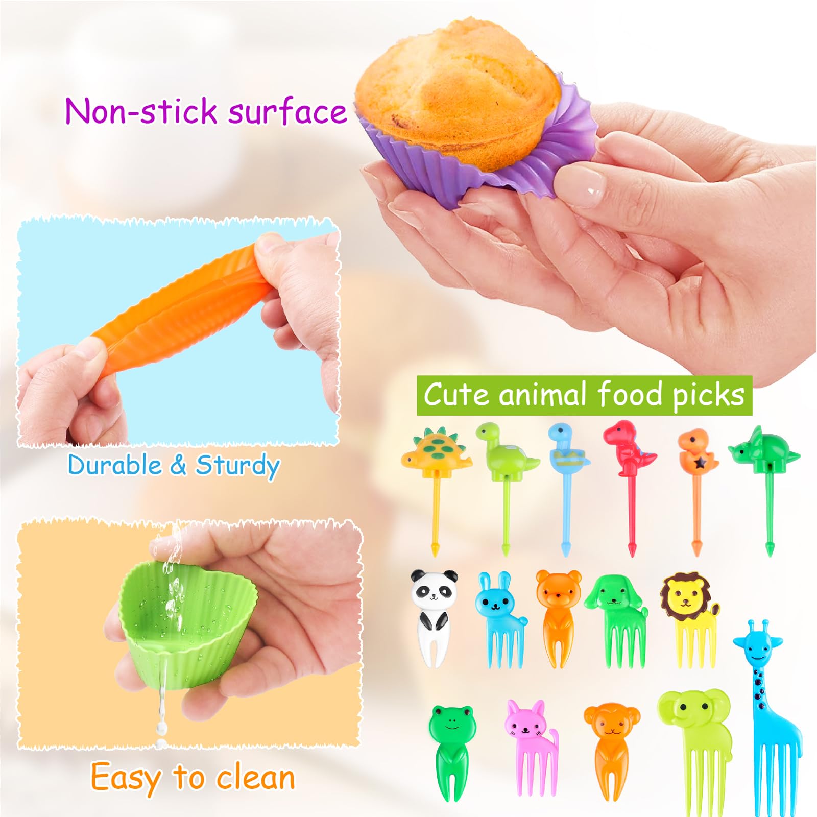 100PCS Silicone Lunch Box Dividers for Kids Lunch Accessories Set, Including 24 Reusable Silicone Cupcake Liners Baking Muffin Cups with 76 Animal Food Picks for Kids, Lunchbox Bento Box Accessories