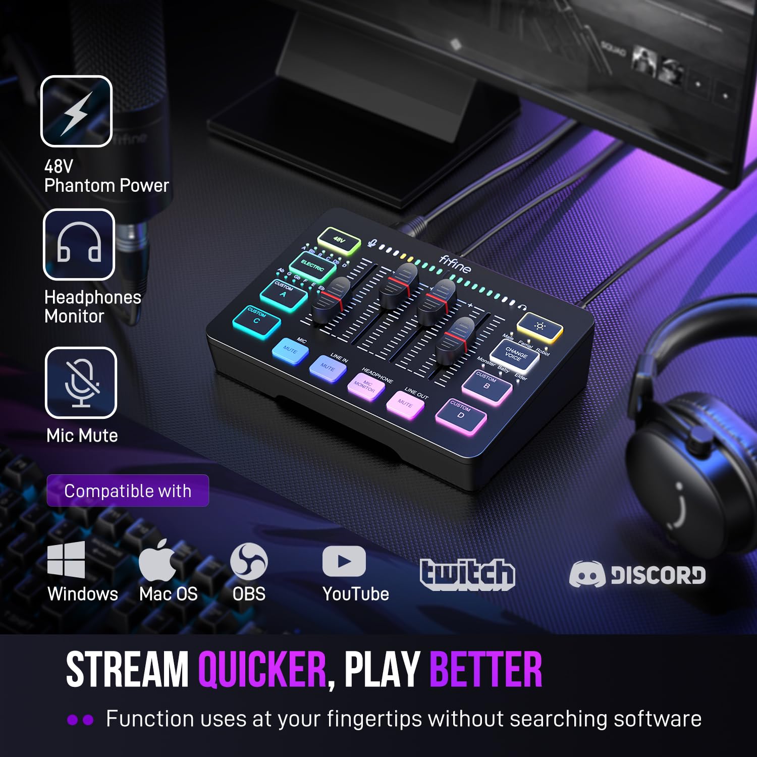 FIFINE Gaming Audio Mixer, Streaming RGB PC Mixer with XLR Microphone Interface, Individual Control, Volume Fader, Mute Button, 48V Phantom Power, for Podcast/Recording/Vocal/Game Voice-AmpliGame SC3