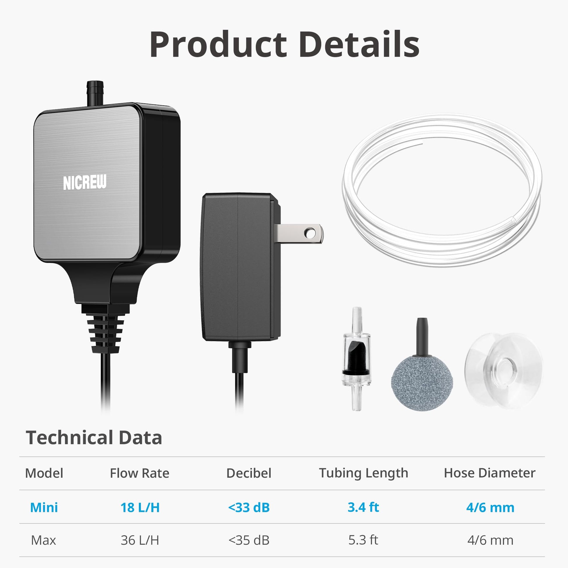 NICREW Nano Silent Aquarium Air Pump Black, Aquarium Aerator with Accessories for Up to 10 Gallon Fish Tank, Super Quiet, 0.3 L/min, 1.5 Watts