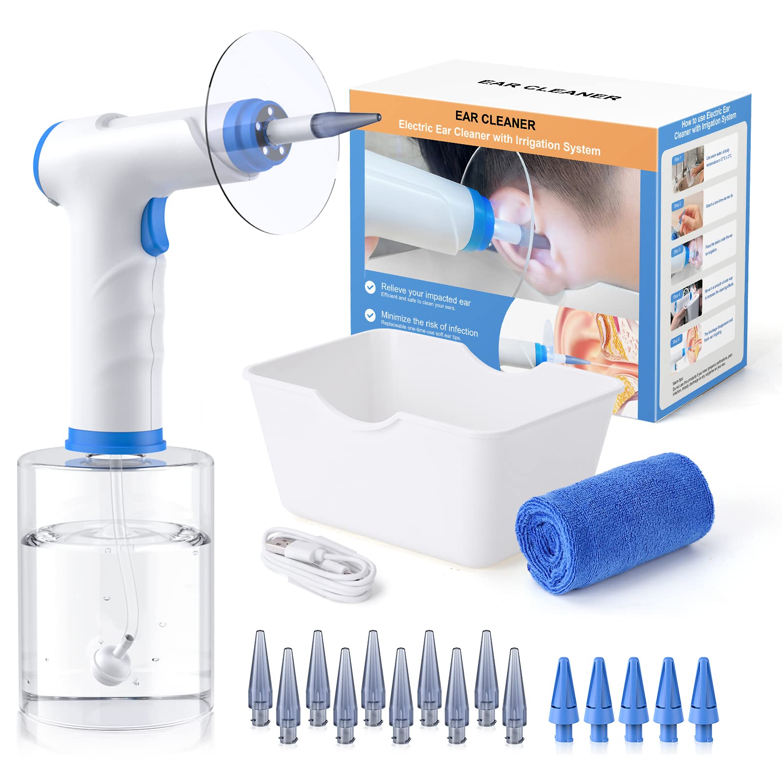 Ear Wax Removal, Electric Ear Cleaning Kit with Light, FSA-HSA-Eligible, Ear Irrigation Kit with 4 Pressure Modes, Safe and Effective Ear Flush Kit with Ear Cleaner - Includes Basin, Towel & 15 Tips