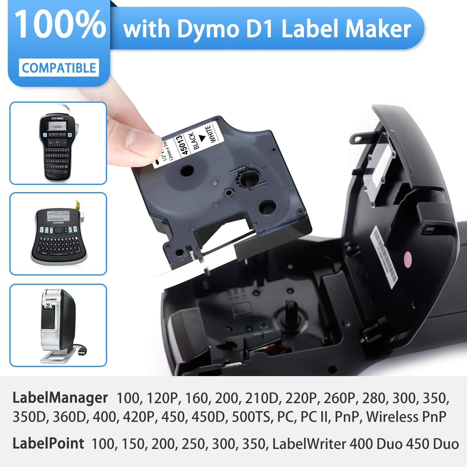 6-Pack Dymo D1 Label Tape 45013 Black on White 1/2 Inch x 23 Feet Compatible for DYMO LabelManager 160 280 210D 360D 420P Wireless PnP 220P 260P 500TS 450DUO