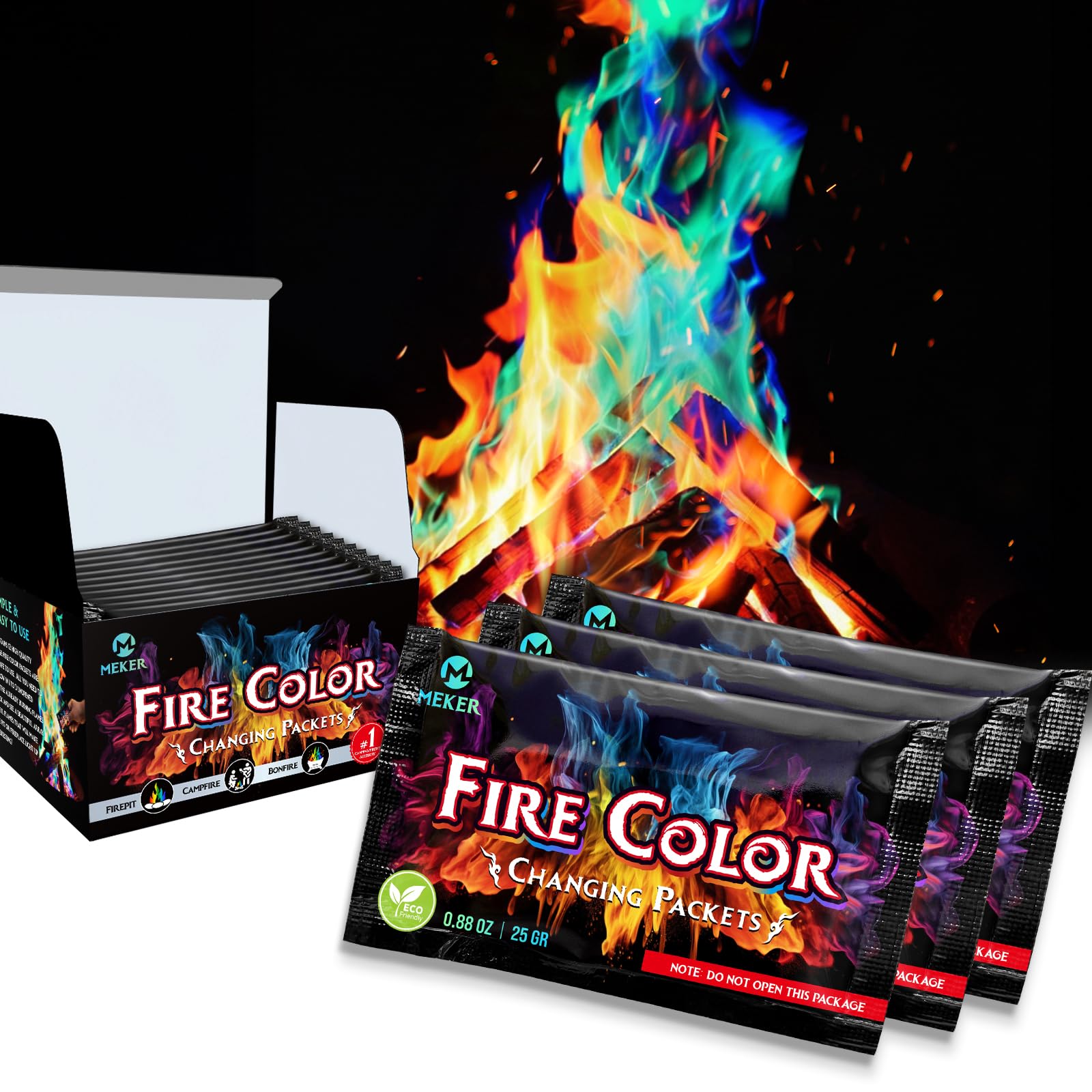 MEKER Fire Color Changing Packets - Fire Pit, Campfires, Outdoor Fireplaces, Bonfire - Fire Color - Perfect Fire Camping Accessories for Kids & Adults (12 Pack)