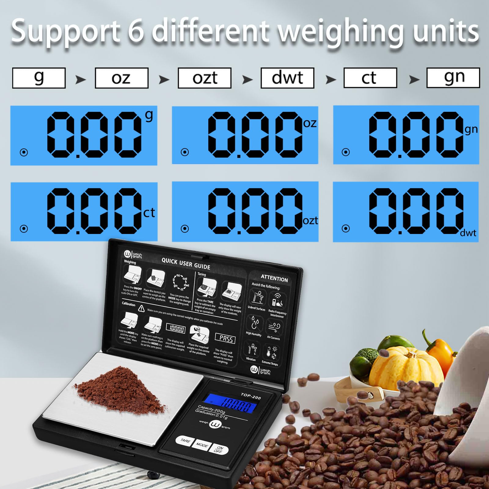Weigh Gram 200g Digital Pocket Gram Scale 0.01g Accuracy, 200g x 0.01g Mini Digital Grams Scale, Small Food Scale, Jewelry Scale, Ounces Grains Scale With100g Calibration Weight