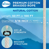 TECEUM Cotton Rope 3/16” (5 mm) – 100 FT – Strong All-Purpose Braided Rope – Natural Cotton – for Crafting, Сamping, Clothes Line, DIY, Indoor & Outdoor Use – Natural