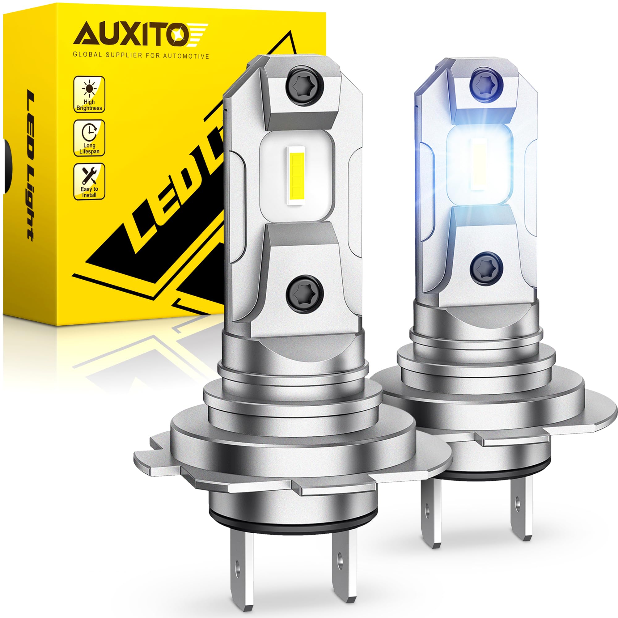 AUXITO Latest Upgraded H7 Forward Light Bulbs, 6500K White Super Bright, 1:1 Halogen Size, W/CSP Chips H7 H7ll Fog Lights, No Adapter Required Easy Install, Non-polarity, Pack of 2