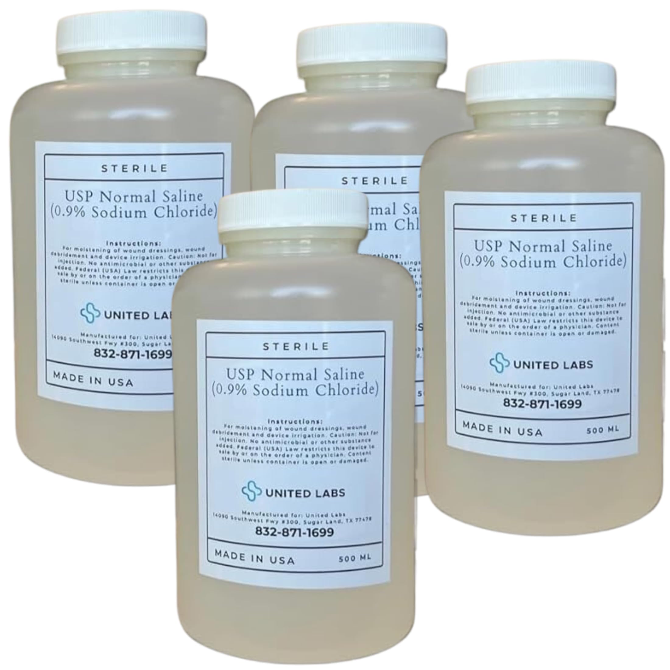 0.9% Sterile Saline Solution USP Normal 0.9% Sodium Chloride – Made in USA - 4 Pack Each 500 ml (2,000 ml Total)