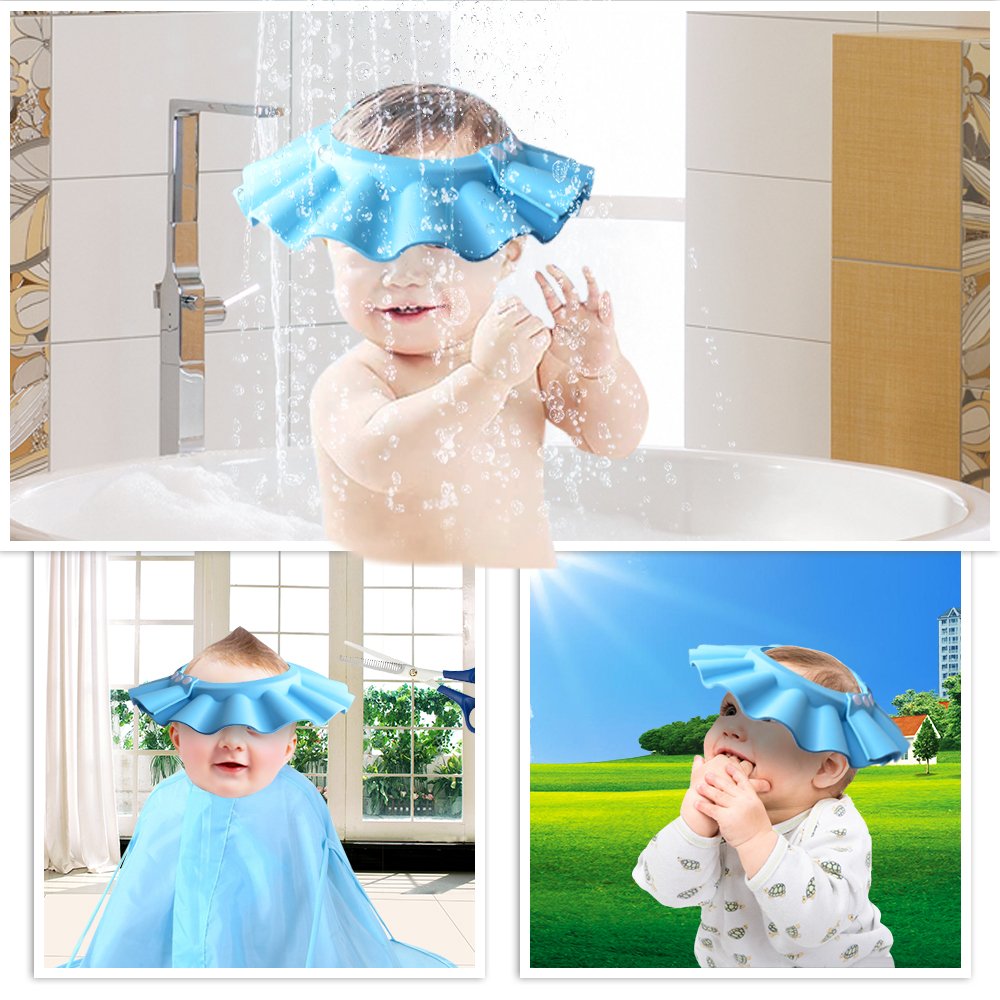 HOOYEE Safe Shampoo Shower Bathing Protection Bath Cap Soft Adjustable Visor Hat for Toddler, Baby, Kids, Children … (Blue)