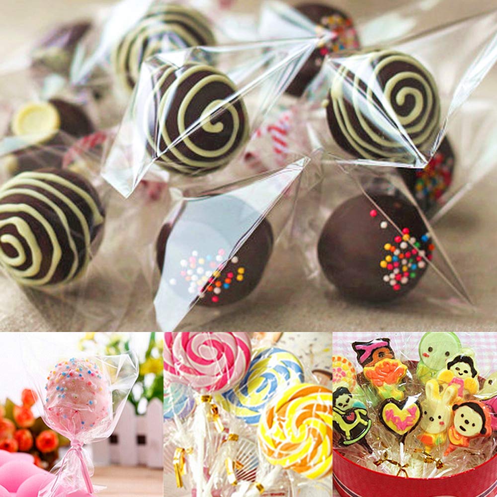 Cake Pop Bags, Augshy 300 Pcs Cellophane Treat Bags 3x5 with 300 Twist Ties 1.4 mils Thickness OPP Plastic Bags for Lollipop Candy Chocolate Cookie Wrapping Buffet