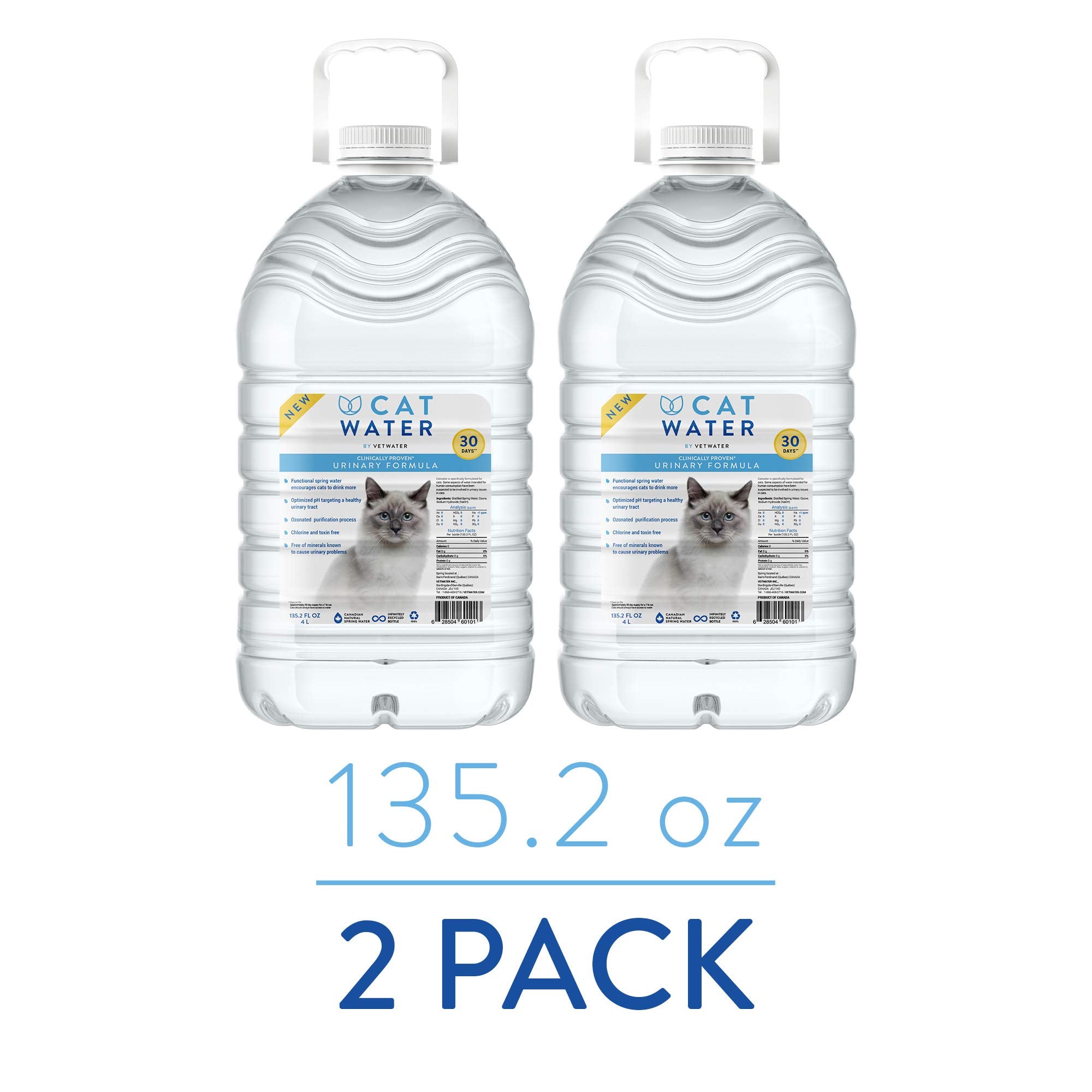 CATWATER by VETWATER | ph-Balanced and Mineral-Free Cat Water | Clinically Proven Urinary Formula | Helps Prevent Cat Urinary Issues, FLUTD | 135.2 oz, 2-Pk, Clear (CW60101-2)