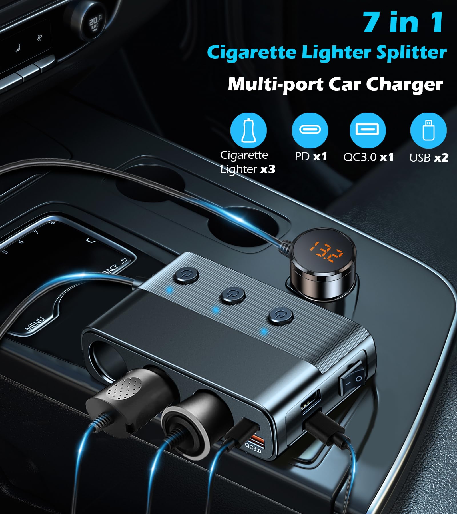 7 in 1 Cigarette Lighter Splitter, LIHAN 3 Socket Car Charger Adapter, Type-C QC3.0 PD 30W Charging, Dual USB Charging Ports, Independent Switches, LED Voltmeter, Plug Outlet 12V/24V(3.3ft Cable)
