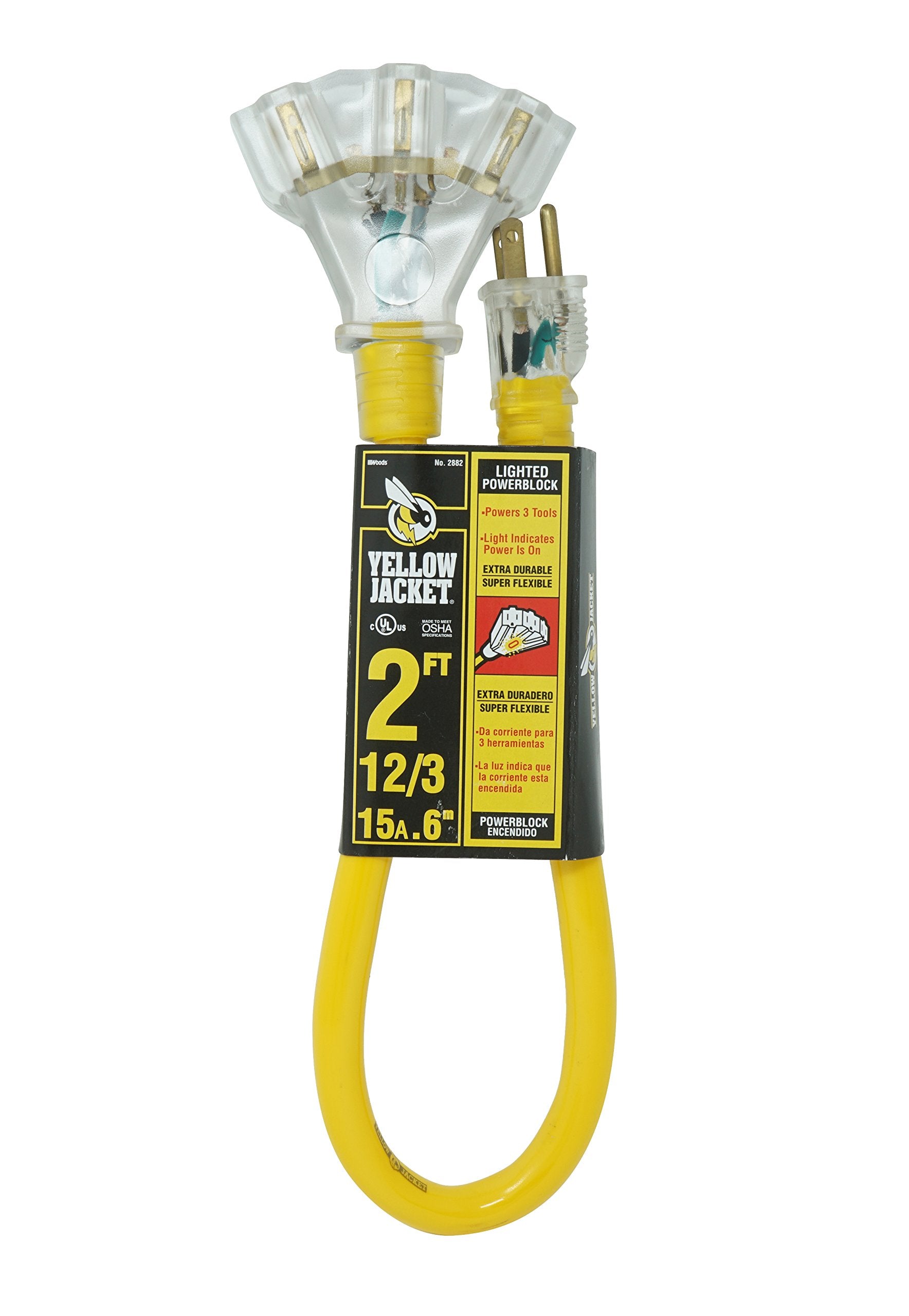 Yellow Jacket 2882 12/3 Hochleistungs-Verlängerungskabel, 15 A, 125 Volt, 1875 Watt, Premium SJTW-Qualität, 3-fach mit beleuchtetem Stecker, 0,6 Meter, Gelb, UL-gelistet, 0,6 Meter,...