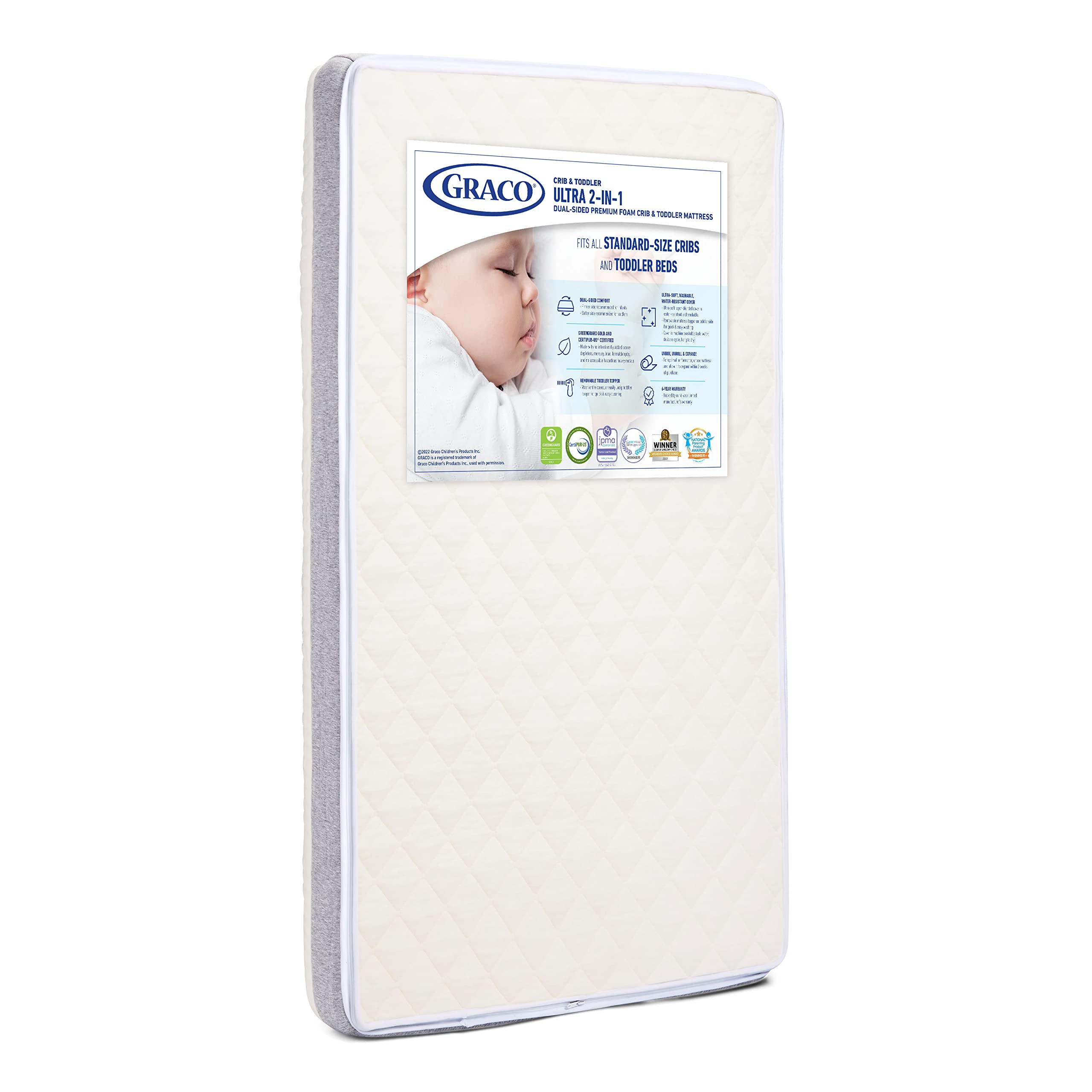 Graco Ultra 2-in-1 Premium Dual-Sided Crib & Toddler Mattress - GREENGUARD Gold and Oeko-TEX Standard 100 Certified, CertiPUR-US Certified Foam, 2-Sided Mattress Fits Any Brand of Crib & Toddler Bed