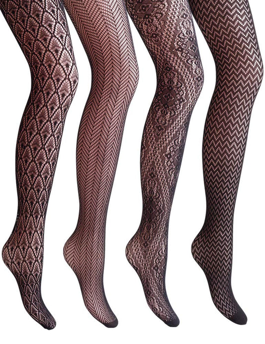 VERO MONTE 4 Styles Patterned Fishnets Tights 4 Pairs Small Hole Black Stockings