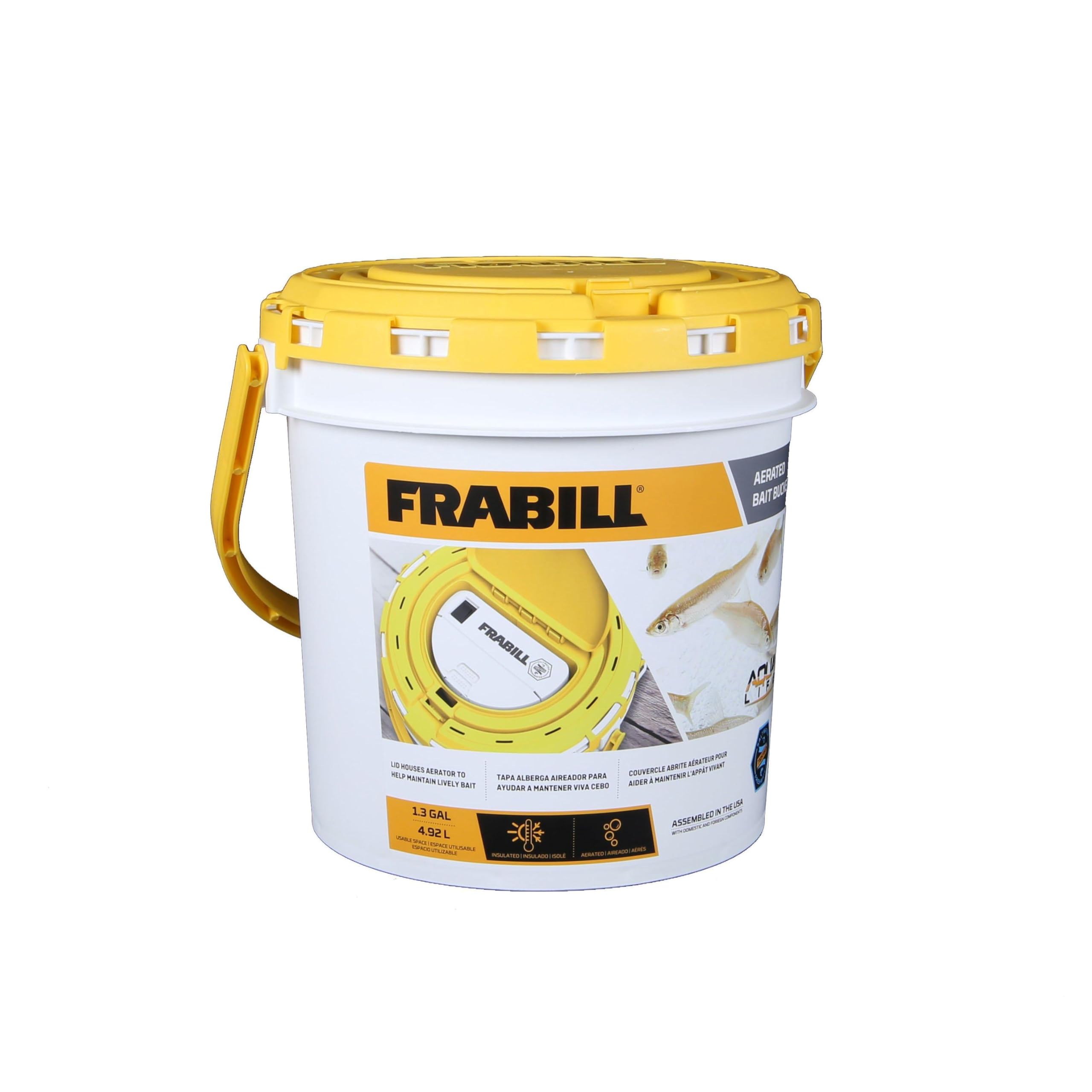 دلو طعم معزول Frabill 4825 مع مهوية مدمجة، أبيض وأصفر، 1.3 جالون