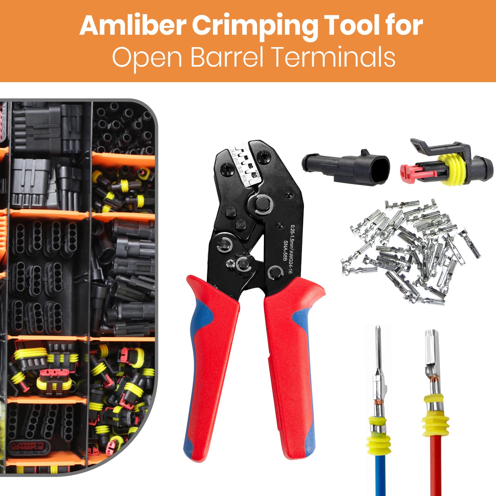Wire Crimping Tool with Ratchet, Amliber Ratchet Wire Crimper Tool for Open Barrel Terminal Connectors, Electrical Crimping Tool for Deutsch DELPHI AMP Dupont TYCO Terminals, 24-14 AWG