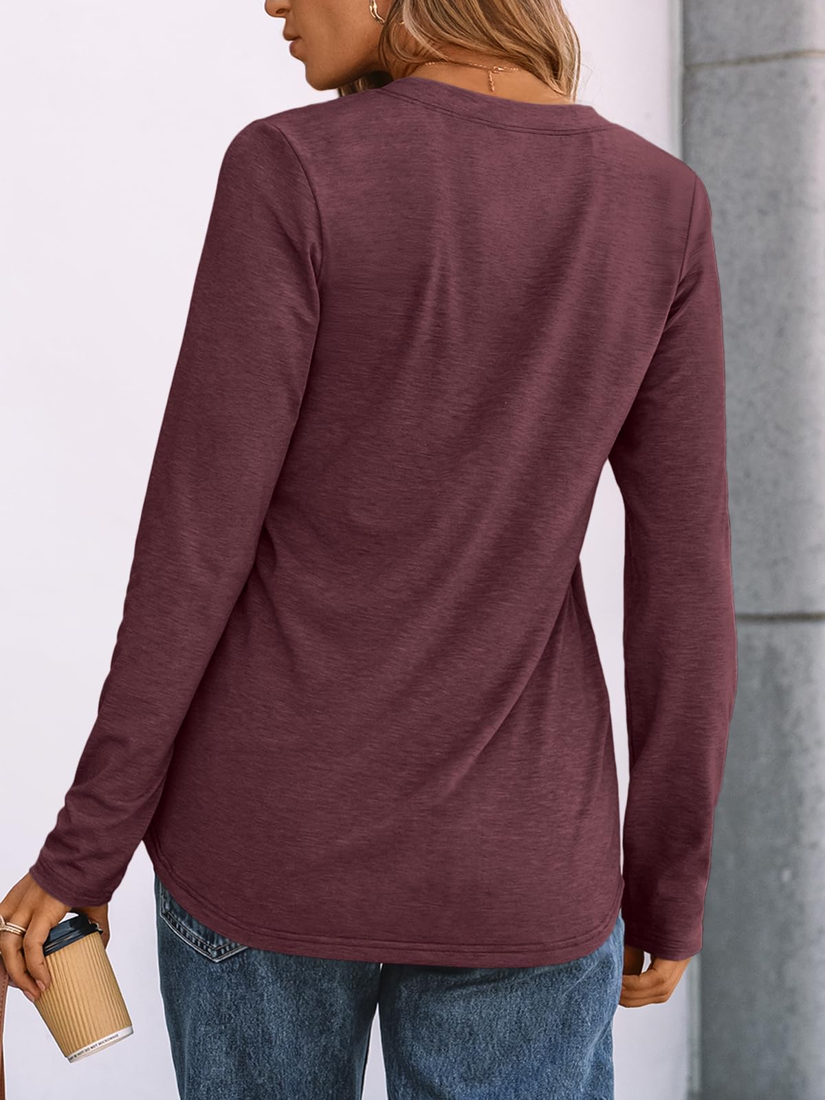 AUTOMET Long Sleeve Shirts for Women Blouses 2025 Fall Clothes Plus Size Dressy Casual Tops Henley Casual Trendy Cute T Shirts Business Work Fashion Outfits Wine L