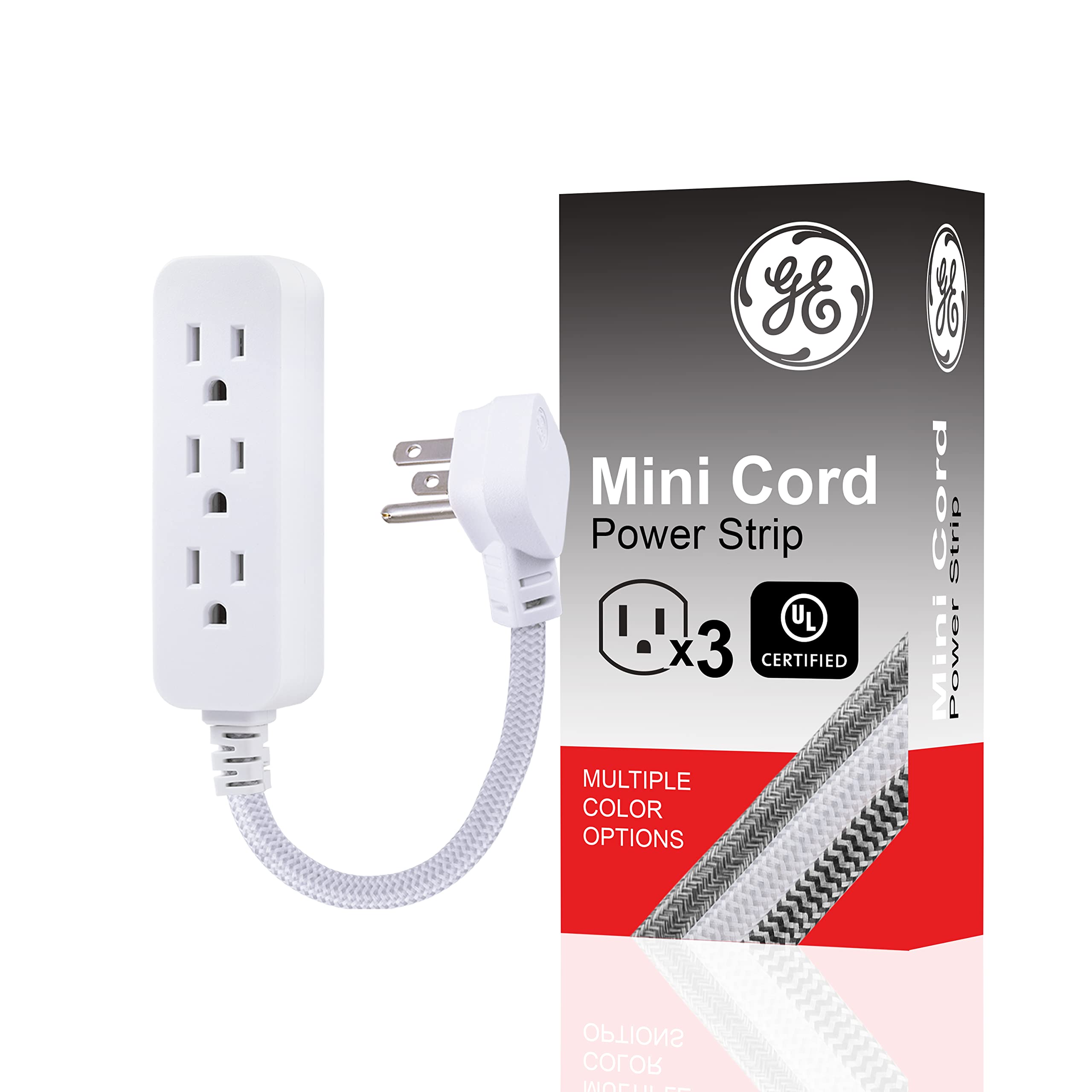 GE 3-Outlet Power Strip Surge Protector 8 Ft Braided Long Cord Extension Cord Surge Protector Power Strip Flat Plug Extension Cord 250 Joules UL Listed White 38433