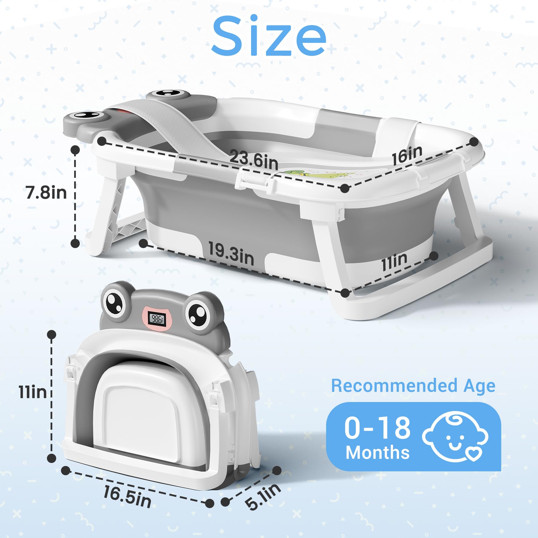 Baby Bathtub, Collapsible Newborn Bathtub for Infant to Toddler 0-24 Months with Soft Cushion and Thermometer,Portable Travel Newborn Tub with No-Slip Feet, Baby Shower Gifts,Grey