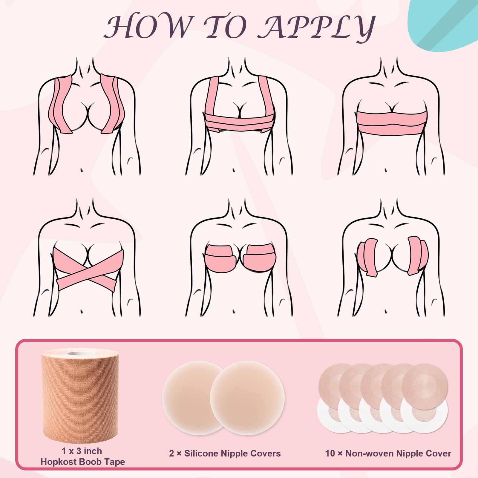 Hopkost Boob Tape Breast Lift Tape for Large Breasts with 2 Pcs Nipple Covers Invisible Boobtape for A-G Cup(Beige,3 in)