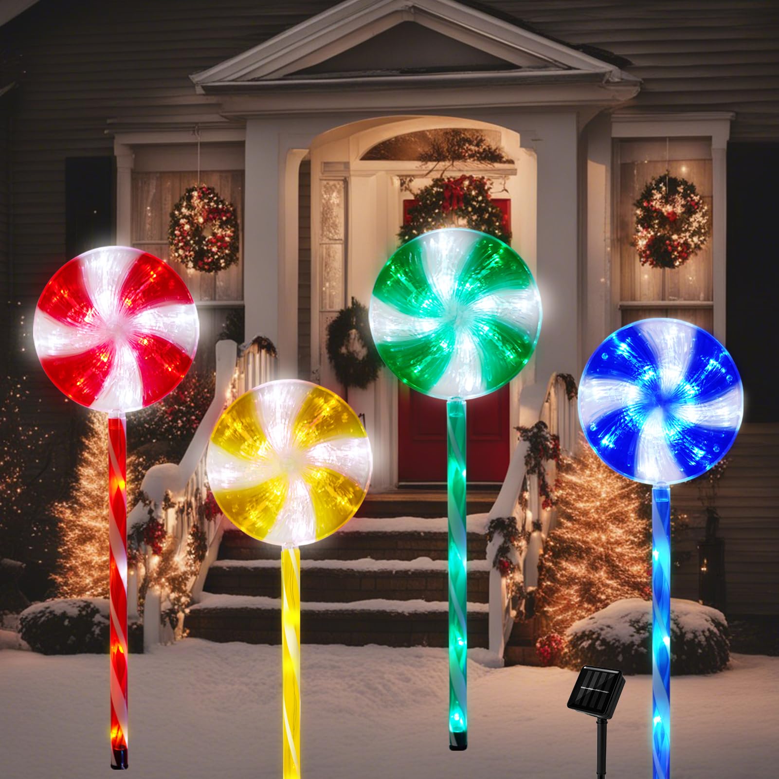Christmas Solar Pathway Lights, 27" Set of 4 Lollipops Peppermint Stake Lights, 8 Modes Candy Cane Walkside Lights, Outdoor Xmas Decoration for Walkway,Yard(4PCS-Multicolor)