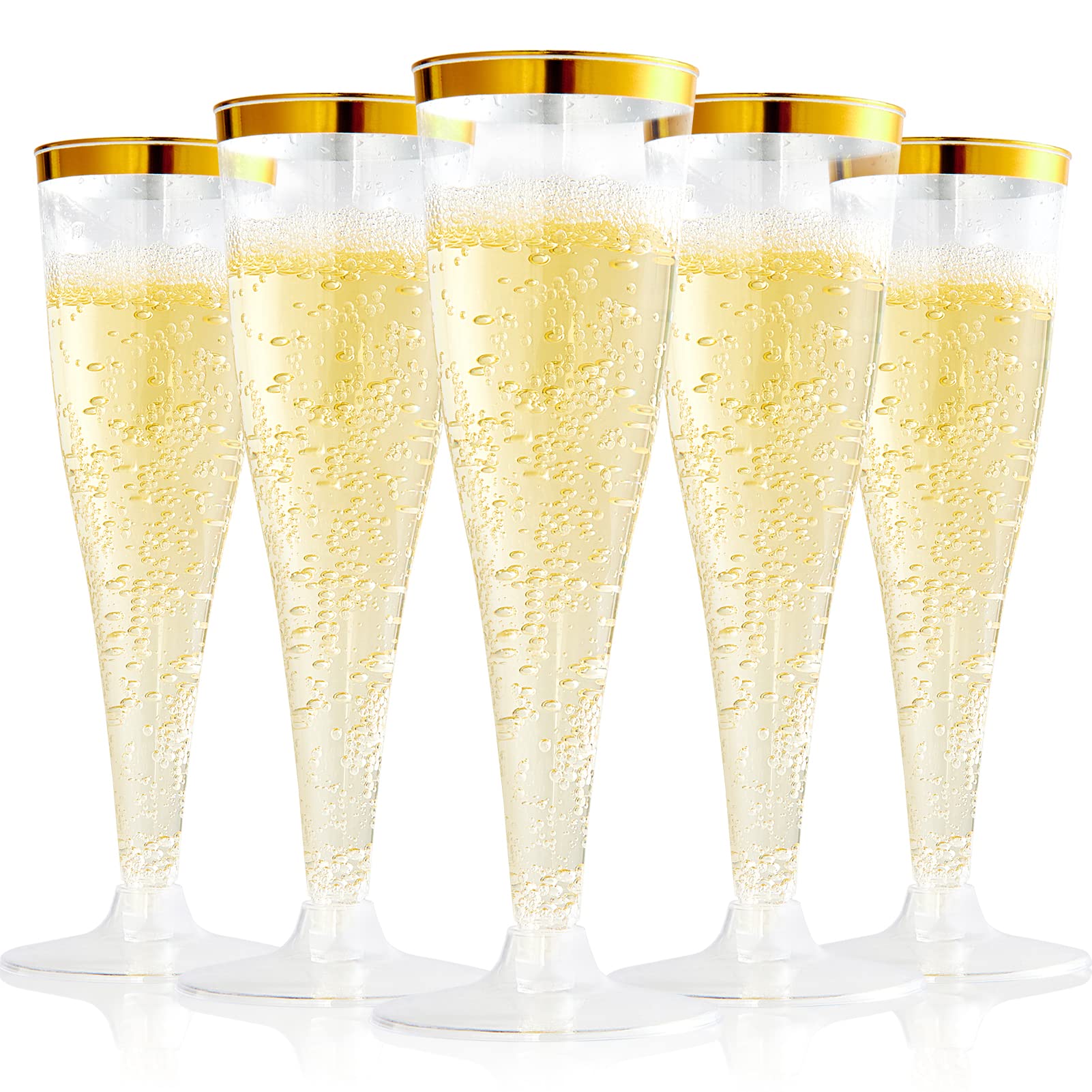 FOCUSLINE 100 Pack Plastic Champagne Flutes, 4.5 Oz Gold Rim Plastic Champagne Glasses, Disposable Clear Toasting Glasses Recyclable Champagne Cups for Wedding Party