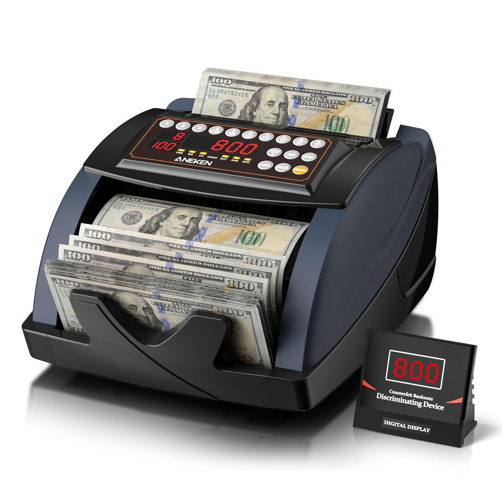 Aneken Geldzähler mit Wertzählung, UV/MG/IR Falschgelderkennung für Dollar und Euro mit Zähl-/Addier-/Stapel-/Automatikmodi, Geldscheinzähler mit externem LCD-Display