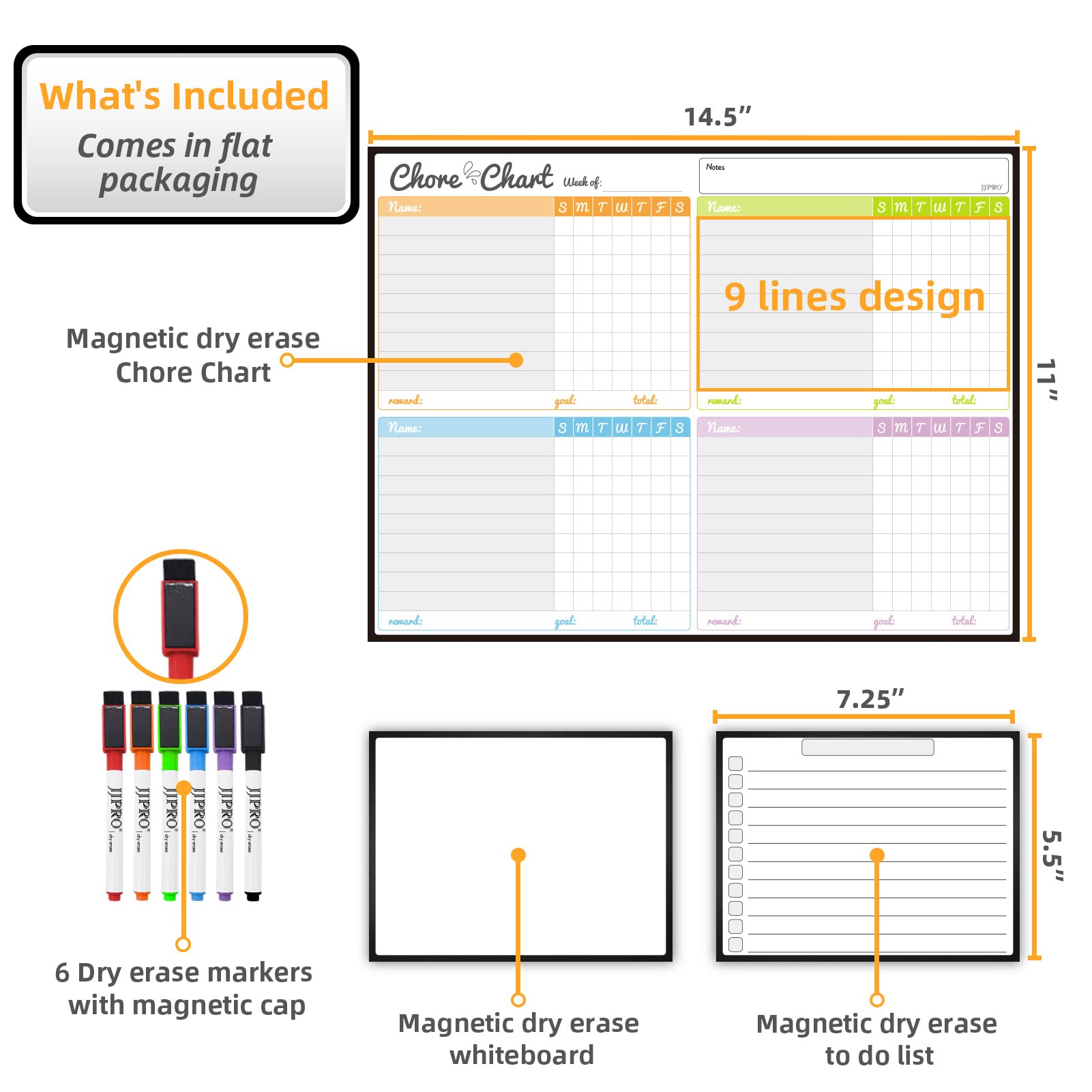 JJPRO Magnetic Dry Erase Chore Chart Set for Fridge-Used for Multiple Kids-One Chore Chart and Two Bonus Dry Erase Pad/Grocery Boards-Behavior Chart for Multiple Kids