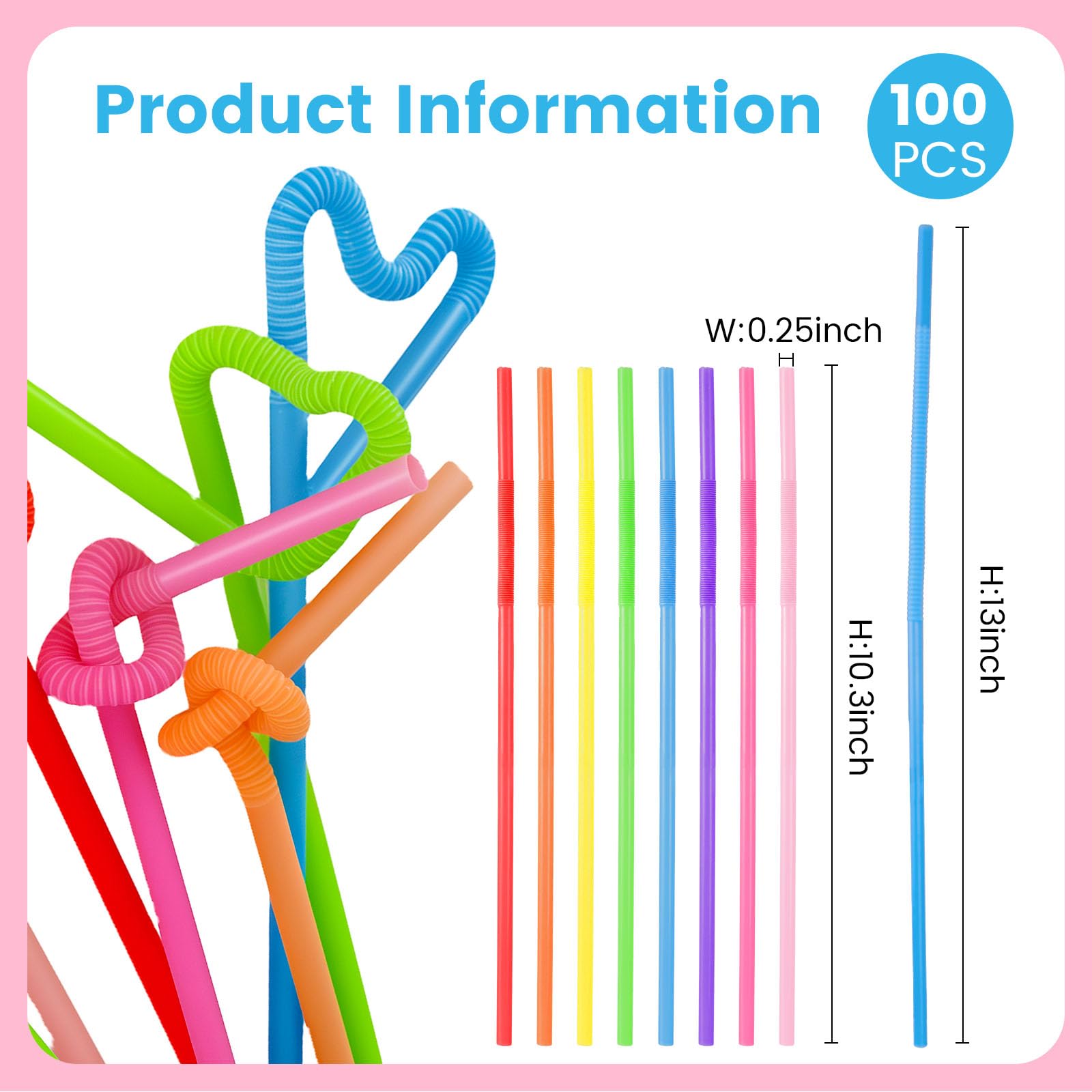 HANSGO Disposable Colorful Drinking Straws, 13inch Extra Long Flexible Straws for Party Decorations, 7 Colors, 100PCS