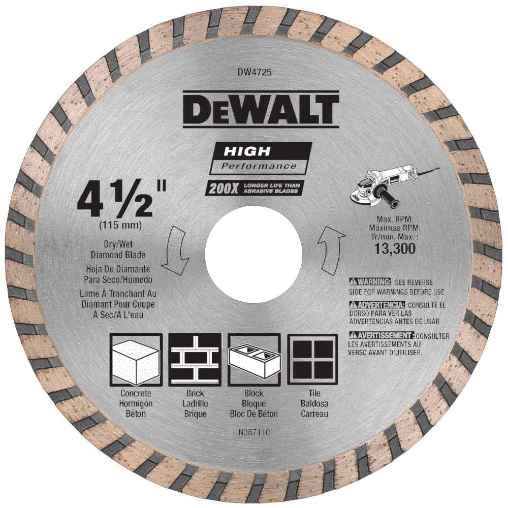 DEWALT Diamantsägeblatt für Mauerwerk, Trockenschnitt, durchgehender Rand, 7/8-Zoll-Aufnahme, 4-1/2-Zoll (DW4725)