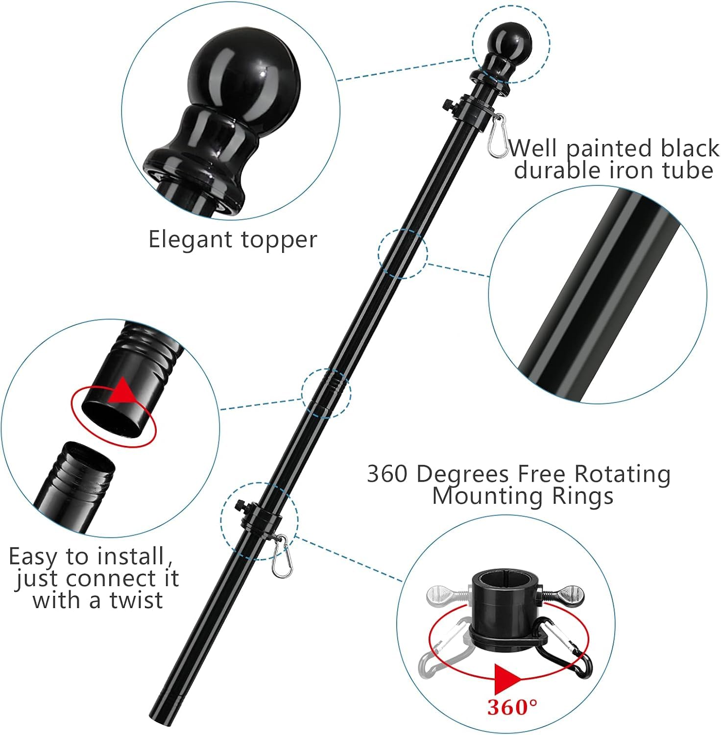 Black Flag Poles for Outside House - 5ft Tangle Free Flag Pole for House,Heavy Duty Metal Flagpole,Outdoor Flagpoles Residential for Porch,Fence (Without Bracket)