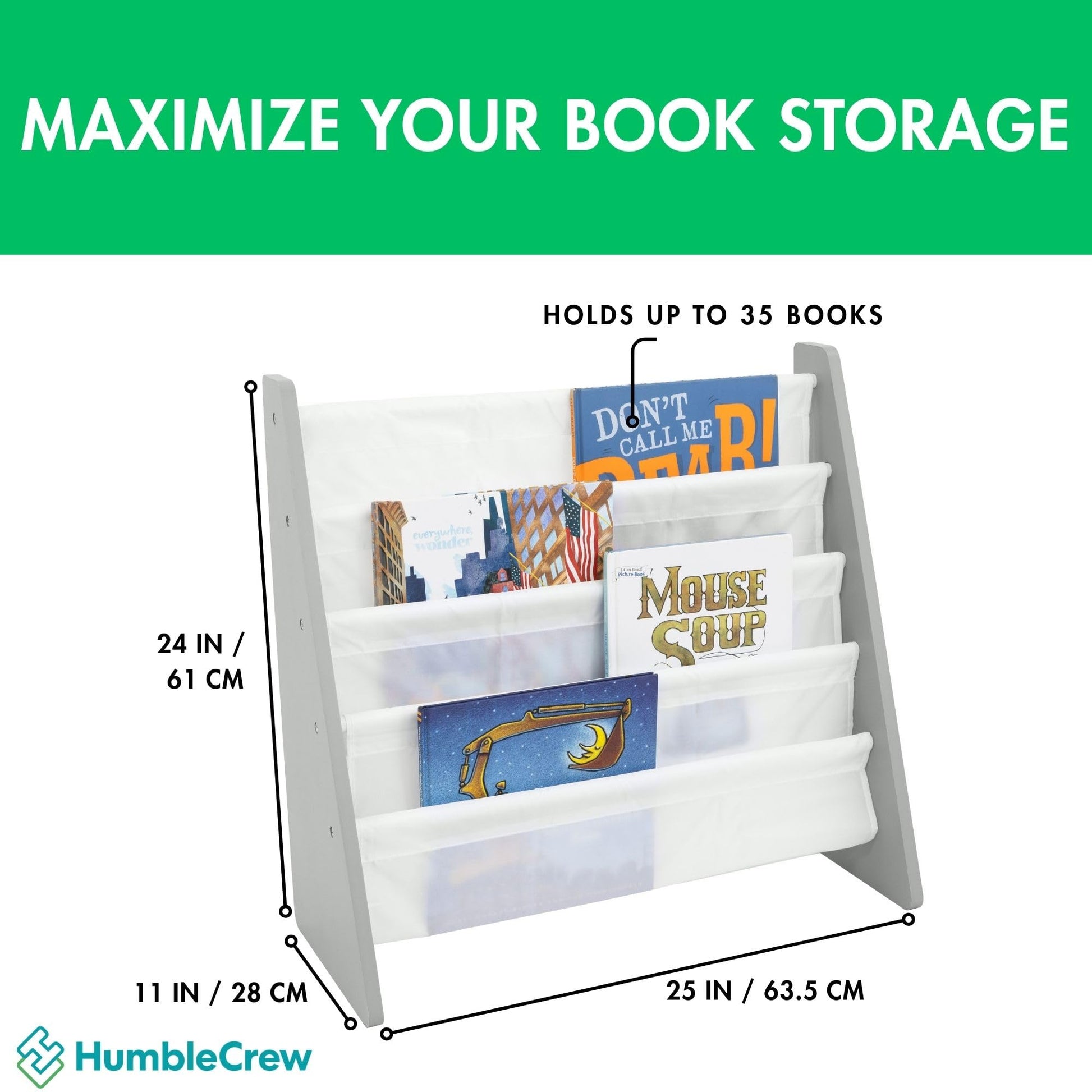 Humble Crew 4-Tier Kids Bookshelf, Grey Wood/White - Premium Book Shelf for Kids Rooms with Four Deep Pockets - Toddler Sling Book Rack with Deep Sleeves, Nursery Bookcase Organizer