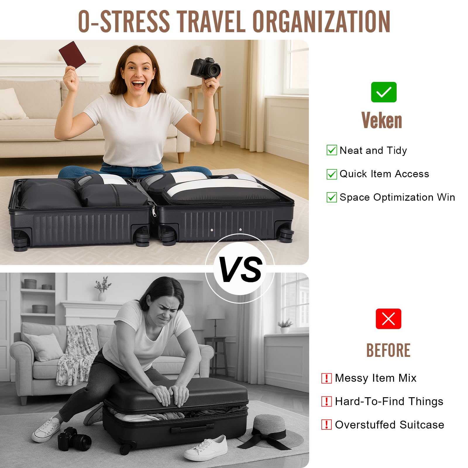 Veken 10 Set/8 Set Packing Cubes for Travel Essentials, Suitcase Organizer Bags in 4 Sizes, Carry-On Luggage Accessories with Large Laundry & Toiletry Bag, Must-Have for Airplane, Road Trip & Camping