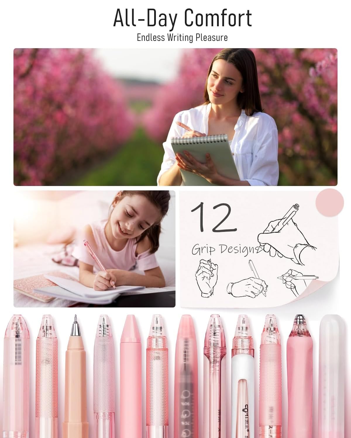 Four Candies Rose Series Gel Pens, Cute Writing Pens with Black & Pink Ink, 0.5 mm Smooth Fine Point, Back to School Office Supplies Girly Stationery Aesthetic Desk Accessories for Women, Set of 12