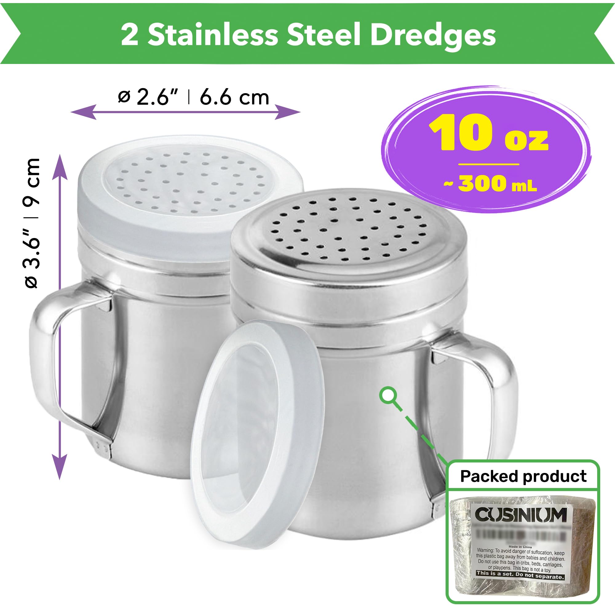 CUSINIUM Metal Salt Pepper Dredge Shakers - With Handle - Seasonings Spice Shakers With Holes and Lids - 10 Ounce, 2pcs | Style: Medium