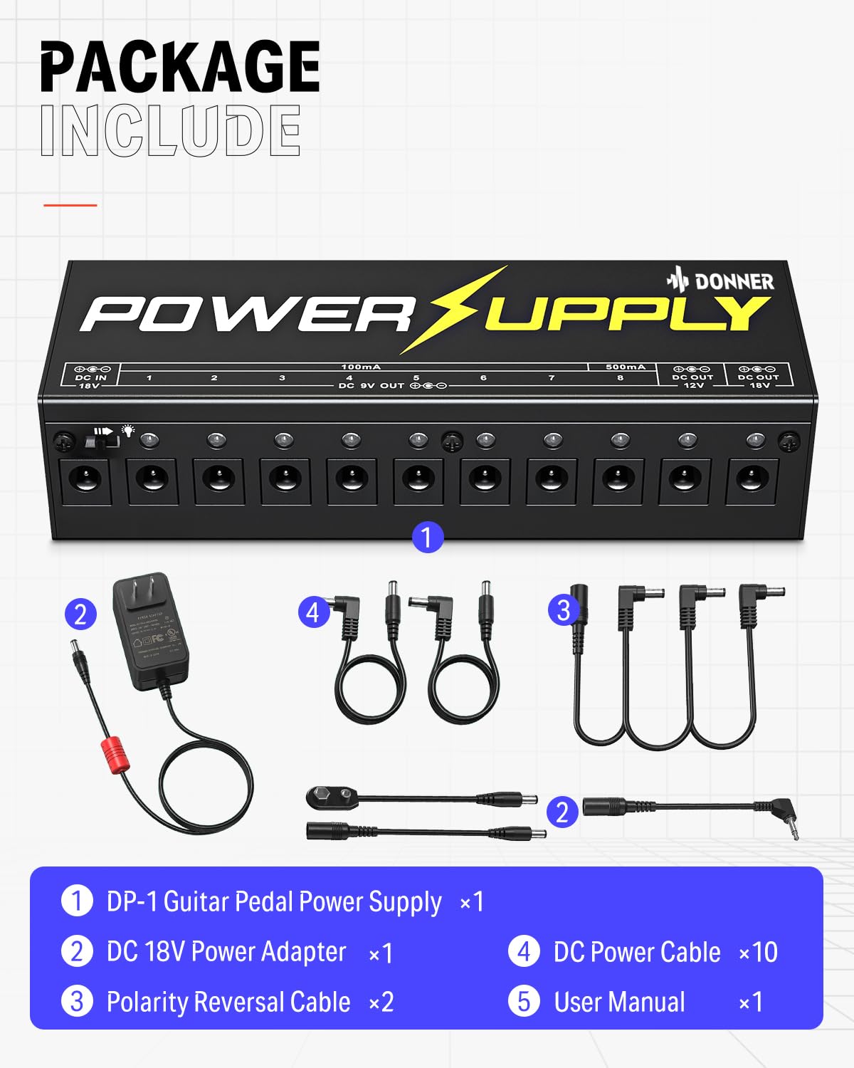 Donner DP-1 Guitar Power Supply 10 Isolated DC Output for 9V/12V/18V Effect Pedal