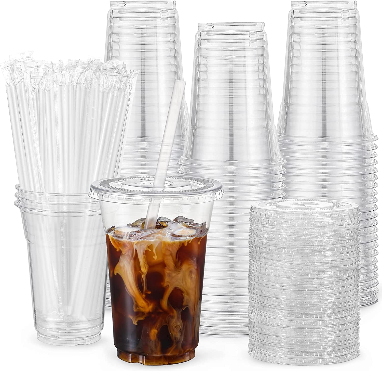 VITEVER [100 Sets - 16oz] Plastic Cups with Lids and Straws, Disposable Cups for Iced Coffee, Smoothie, Milkshake, Cold Drinks - Clear