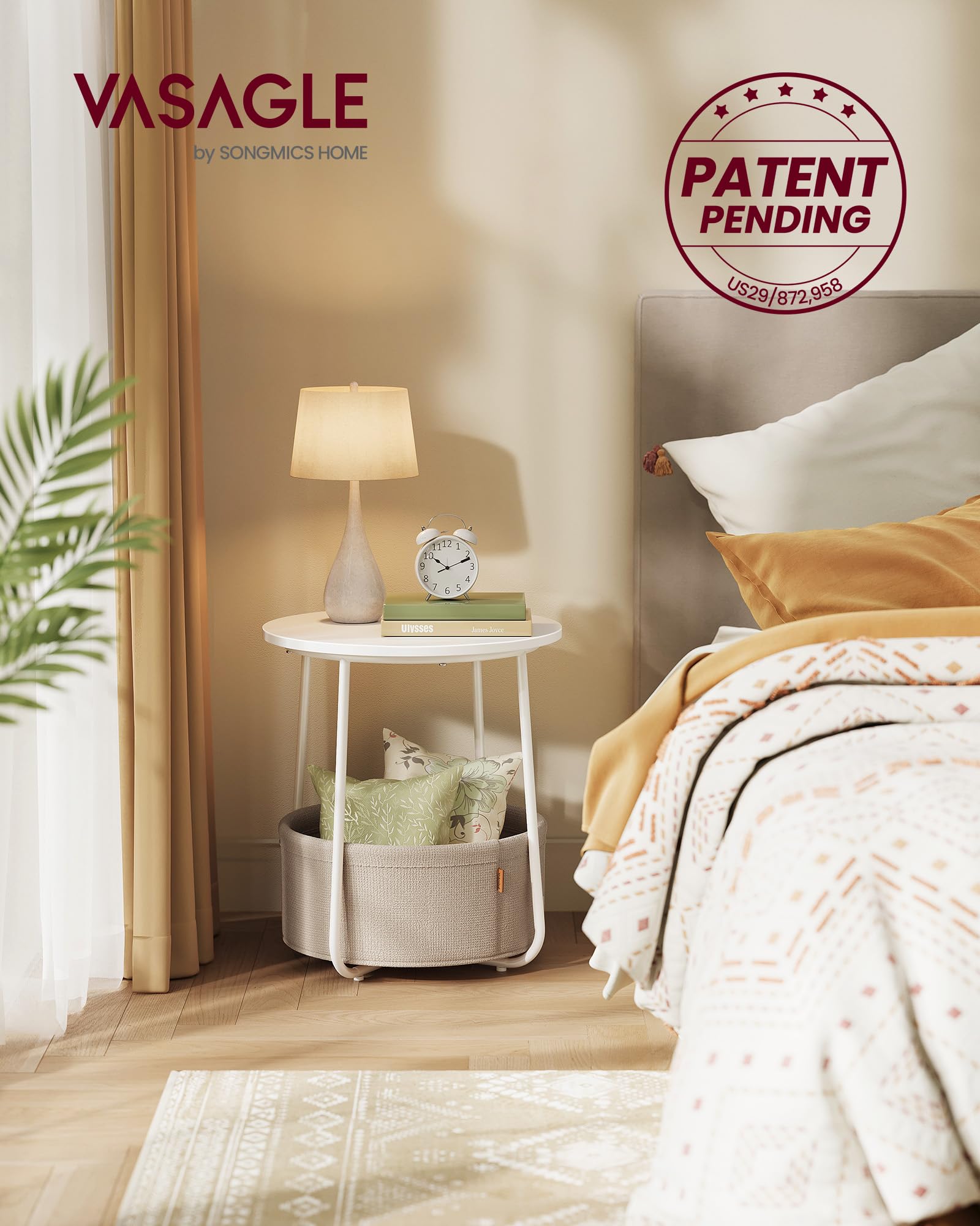 VASAGLE Small Round Side End Table, Modern Nightstand with Fabric Basket, Matte White and Camel Brown ULET223W10