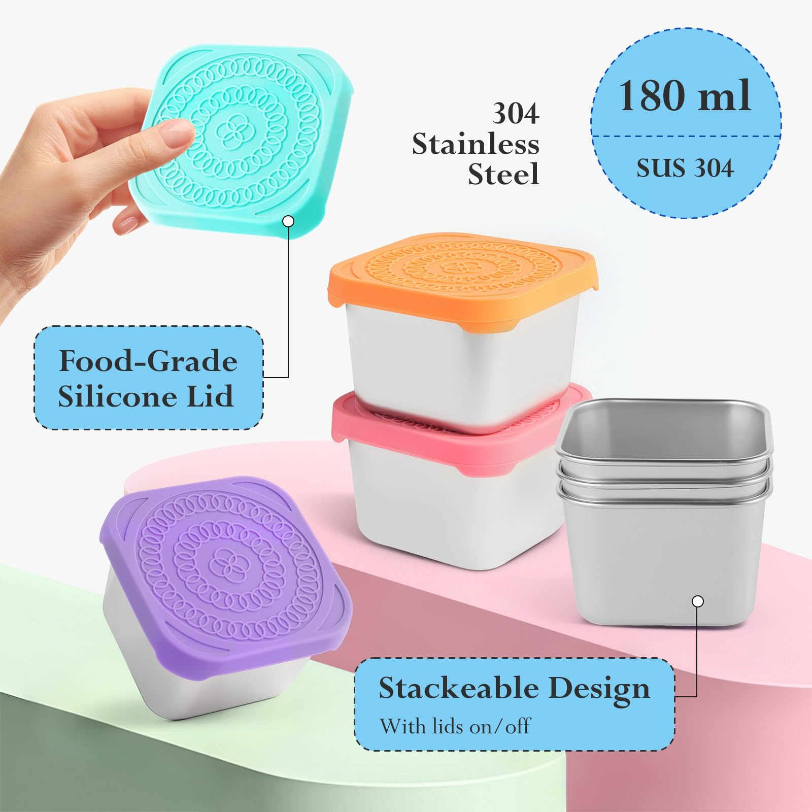 4Pack 6oz Reusable Stainless Steel Snack Containers for Kids, Easy Open Leak Proof Metal Small Toddler Snack Containers with Silicone Lids, Stackable Metal Toddler Lunch Box for Daycare School Travel
