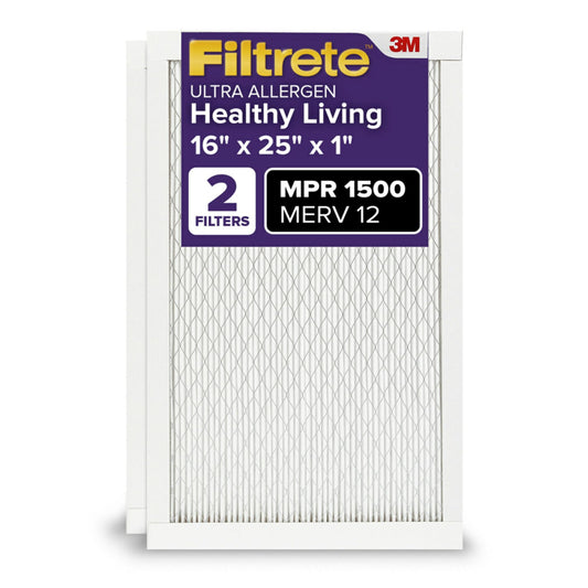 Filtrete 16x25x1 AC Furnace Air Filter, MERV 12, MPR 1500, CERTIFIED asthma & allergy friendly, 3 Month Pleated 1-Inch Electrostatic Air Cleaning Filter, 2-Pack (Actual Size 15.69 x 24.69 x 0.78 in)