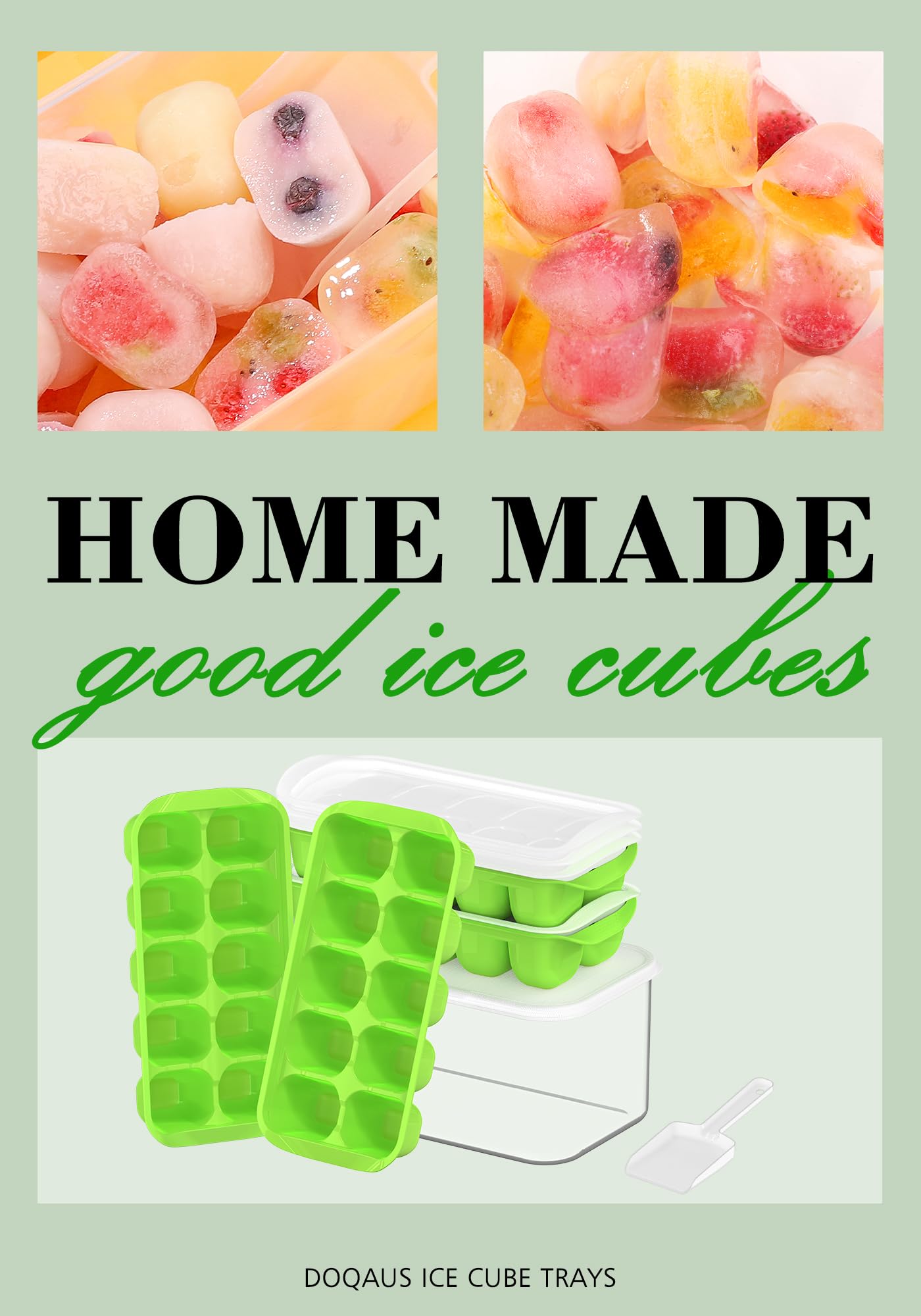 DOQAUS Ice Cube Tray with Lid and Bin, 4 Pack Easy Pop Out Silicone Ices Cubes Trays for Freezer with Cover, Stackable Compact Ice Bucket Kits, for Soup, Food, Cocktail, Coffee