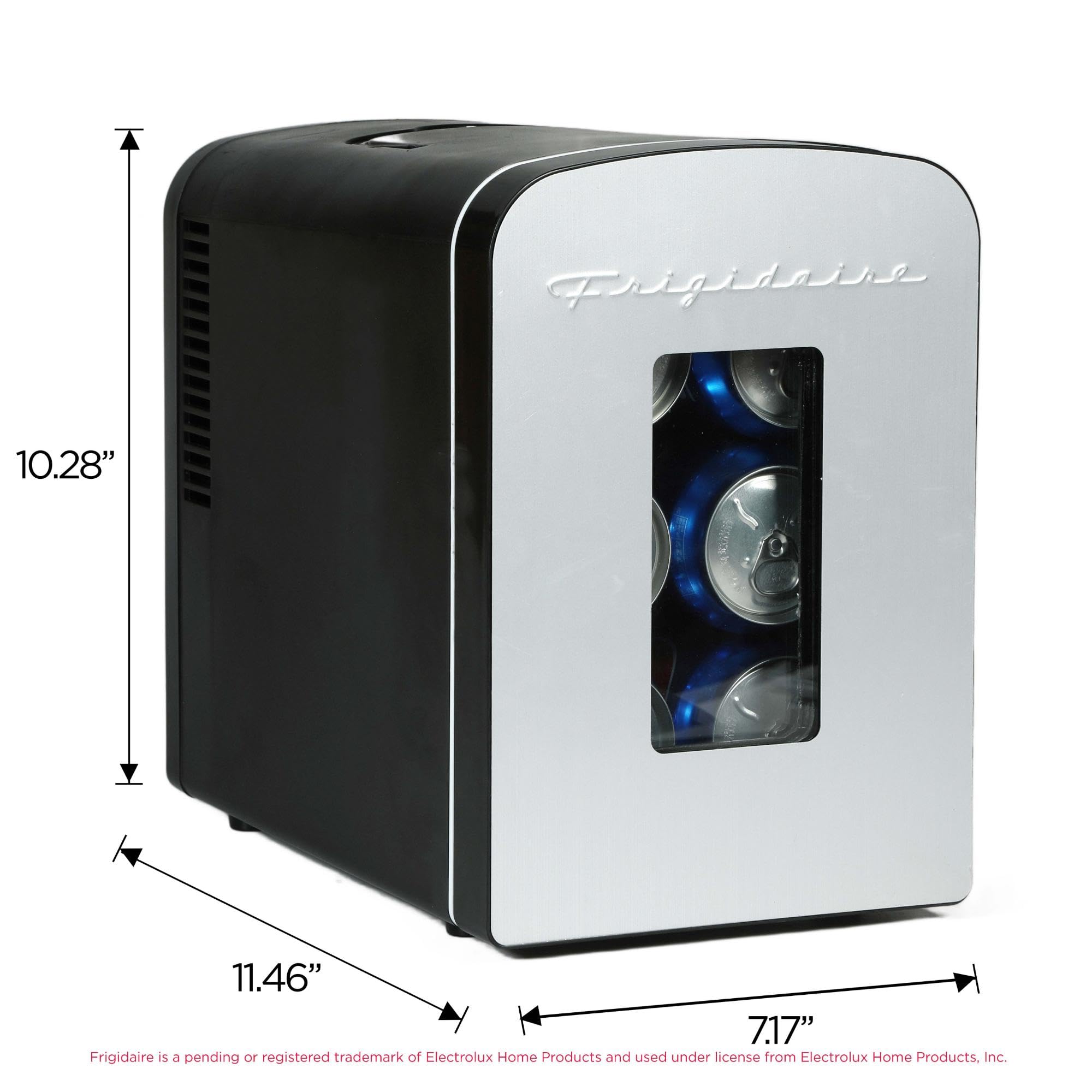 Frigidaire Portable 9-Can Mini Cooler Fridge, 5L, Brushed Stainless Rugged, Window, EFMIS189-SS, Clear Door, Glass