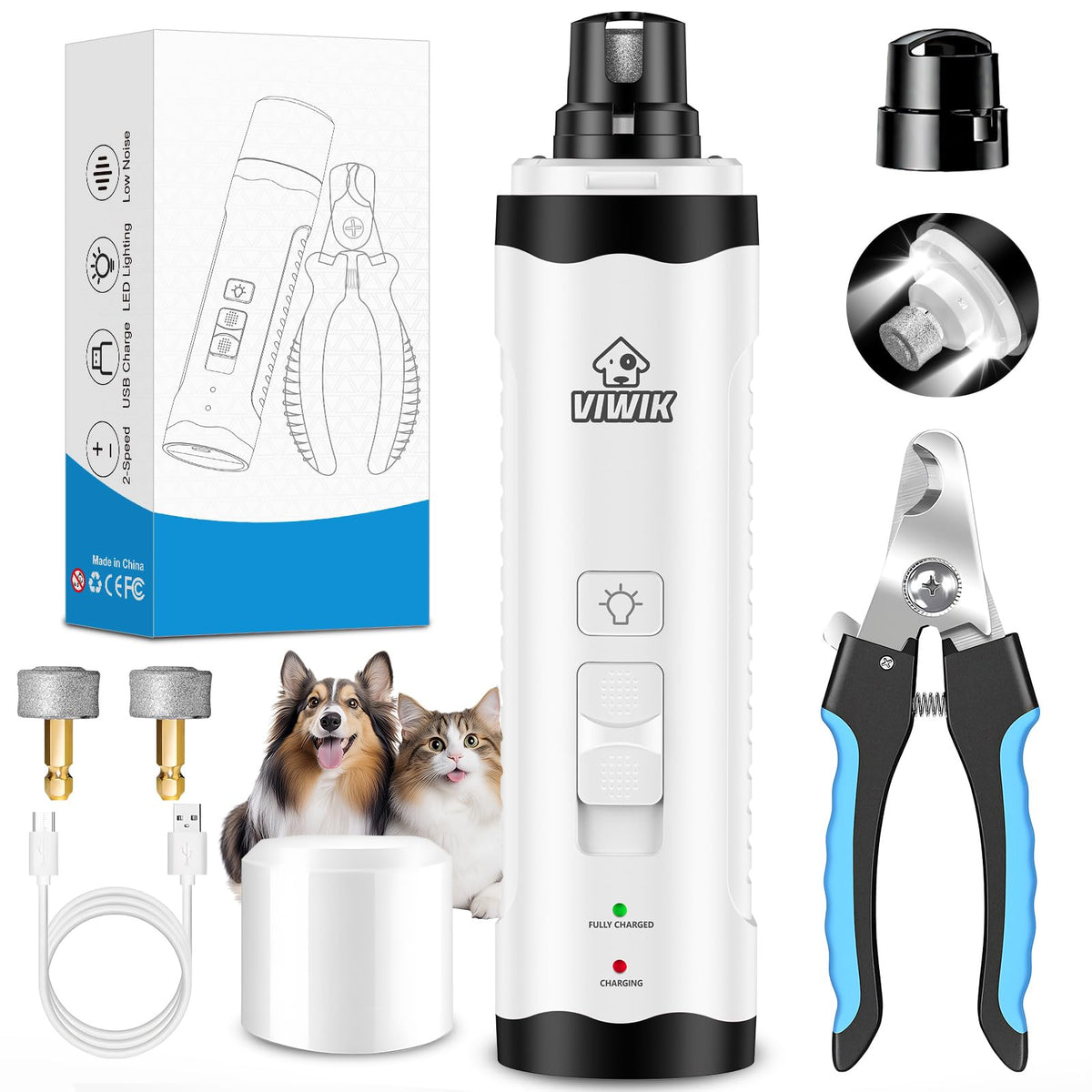 VIWIK Hunde-Nagelschneider mit Licht, Katzen-Hunde-Nagelschere, leiser Hunde-Nagelschleifer für große, mittlere und kleine Hunde und Katzenkrallen, elektrische 2-Gang-Haustier-Nagelpflegeprodukte, Geschenke für Hundeliebhaber.