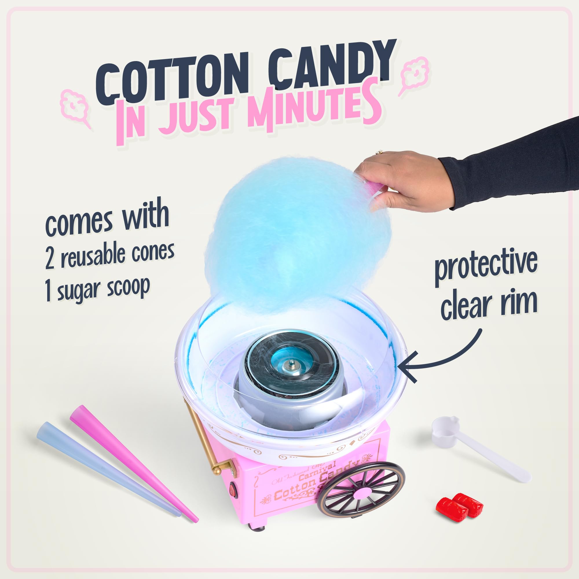 Nostalgia Vintage Hard and Sugar Free Candy Countertop Cotton Candy Maker, Includes 2 Reusable Cones And Sugar Scoop – Pink
