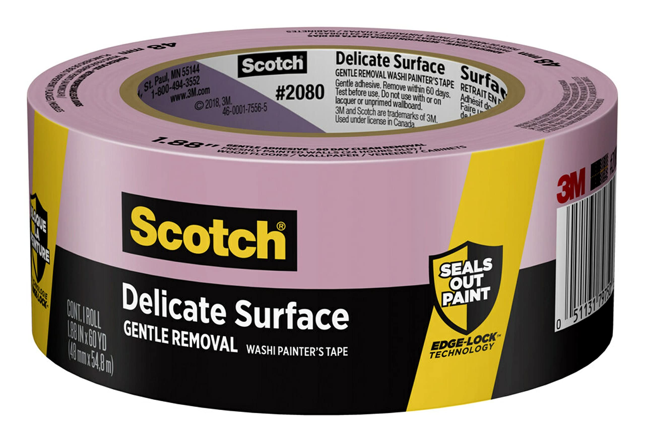 Scotch Delicate Surfaces Painters Tape, 1.88 in x 60 yd, Damage-Free Painting Prep, Protect Delicate Surfaces, UV & Sunlight Resistant, Solvent-Free Adhesive, Indoor Masking Tape, 1 Roll (2080-48EC)