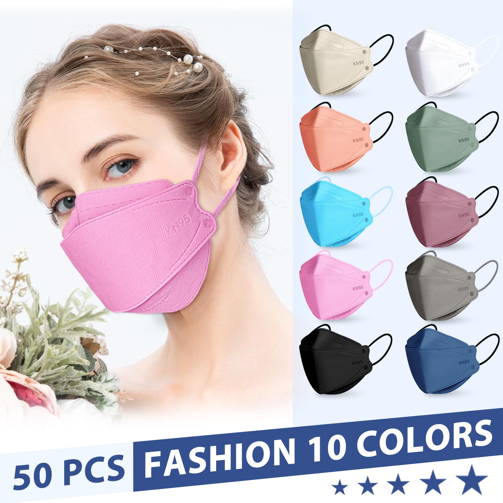 FENFEN KN95 Face Masks Disposable Adults - 50 Pack 5 Layer Protection Dust Breathable Comfortable Respirator Women KN95 Mask Individually Wrapped
