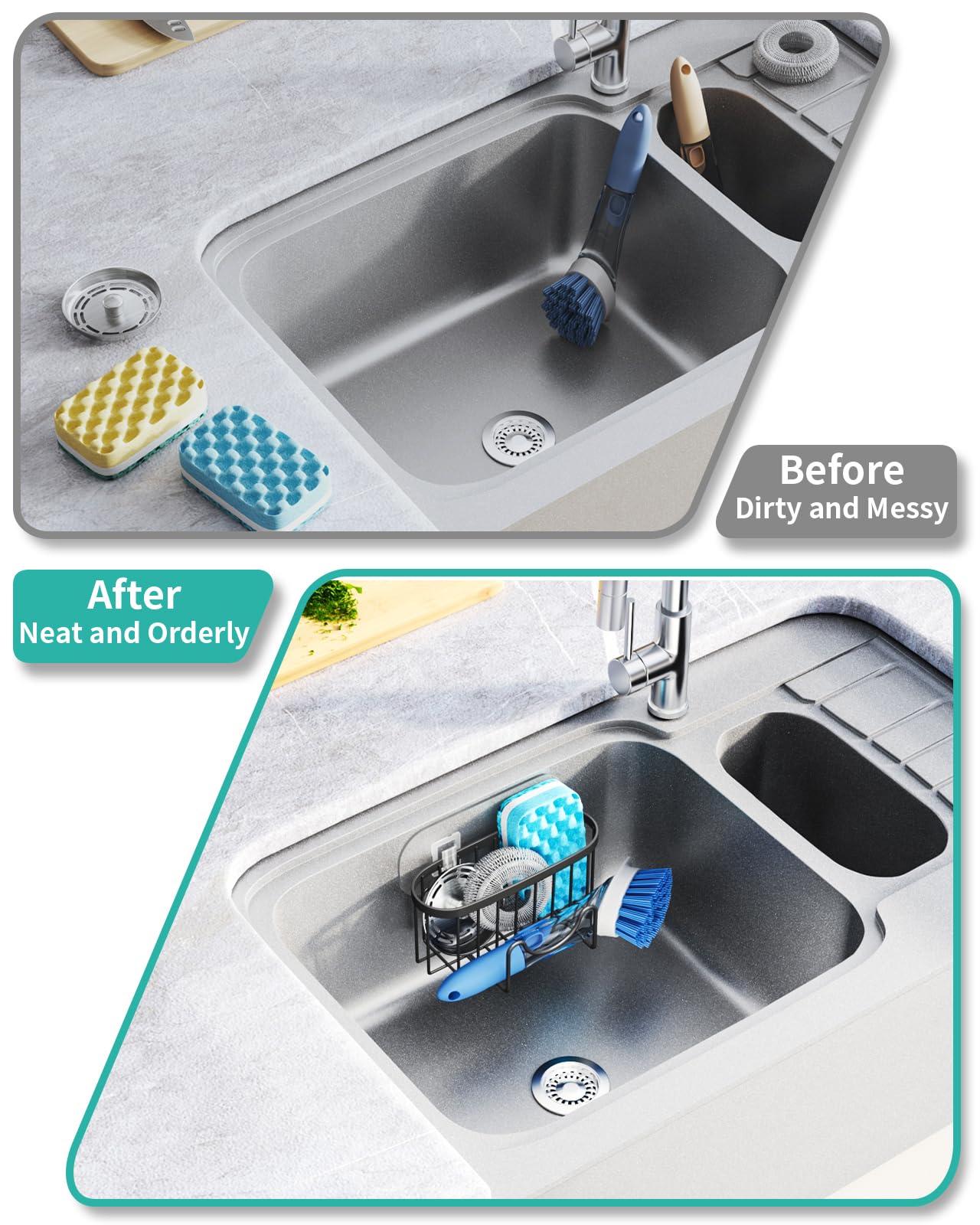 HapiRm Multifunctional Sponge Holder with Unique M-Shaped, 2 Installation Methods Kitchen Sink Caddy Organizer, Rustproof Stainless Steel Sponge Caddy for Brush, Sink Stopper and Scraper -Black