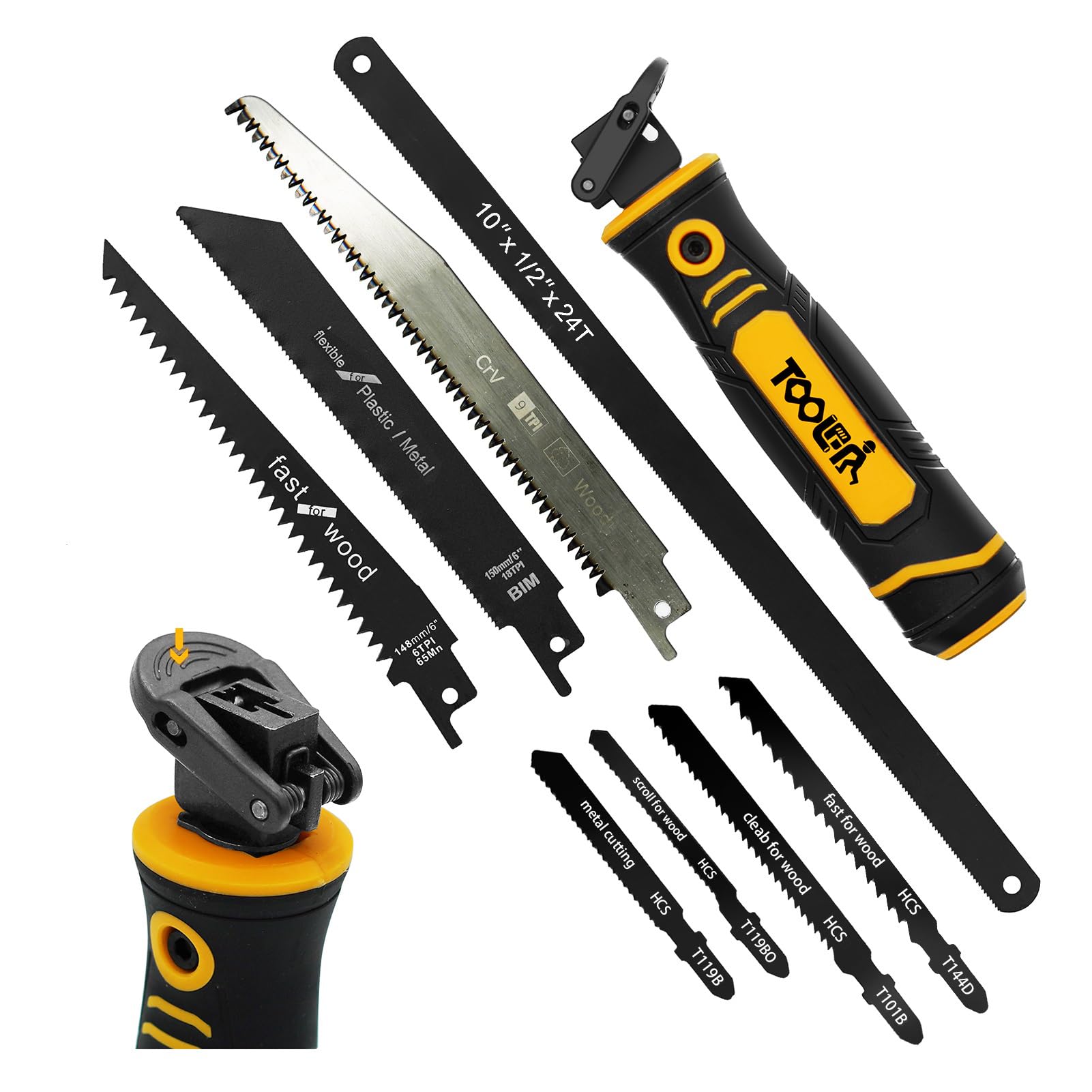 TOOLAN: 8-In-1 Multi Blades Hand Saw, Drywall Cutter. Hacksaw. Long Blade Hand Saw, Jab Saw, For Cutting Drywall, Sheetrock, Wood, Metel, Plastic, Plywood. Blade Quick Change Mechanism.