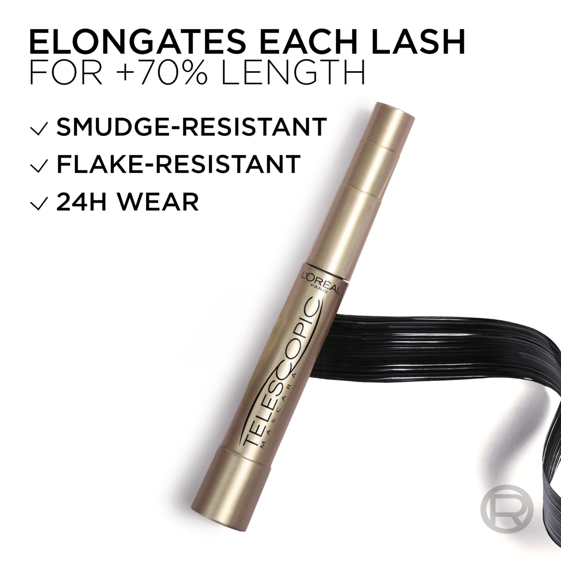 L'Oreal Paris Makeup Telescopic Original Lengthening, Lash Separating Mascara with Dual Precision Brush, Washable, Blackest Black, 0.27 Fl Oz., 1 Count